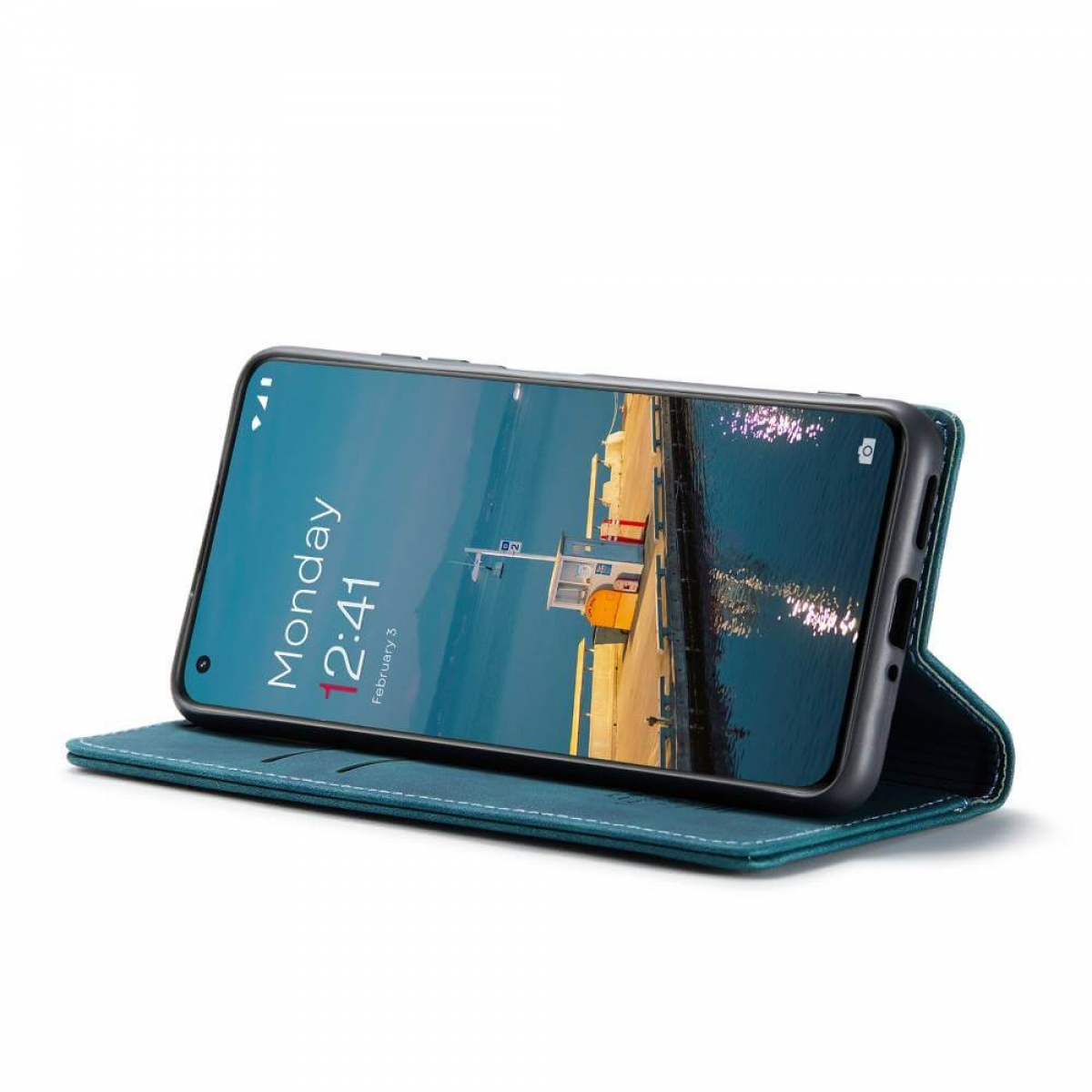 Smartphone mit geöffneter Hülle, türkisgrüner Deckel, zeigt Strandszene.