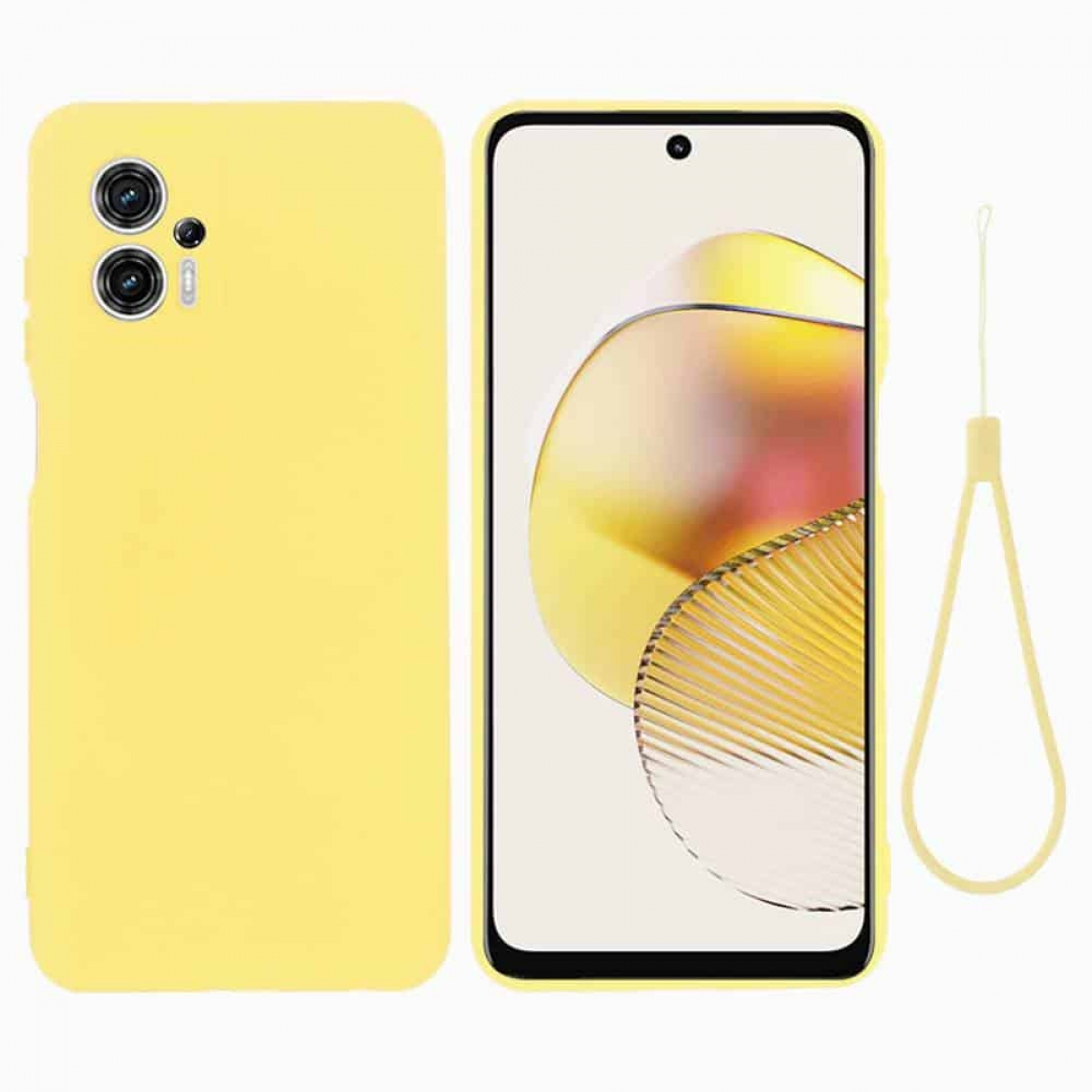 Ein gelbes Telefon mit gelber Hülle und einer Handschlaufe. Das Telefon hat eine Kamera und einen Bildschirm.