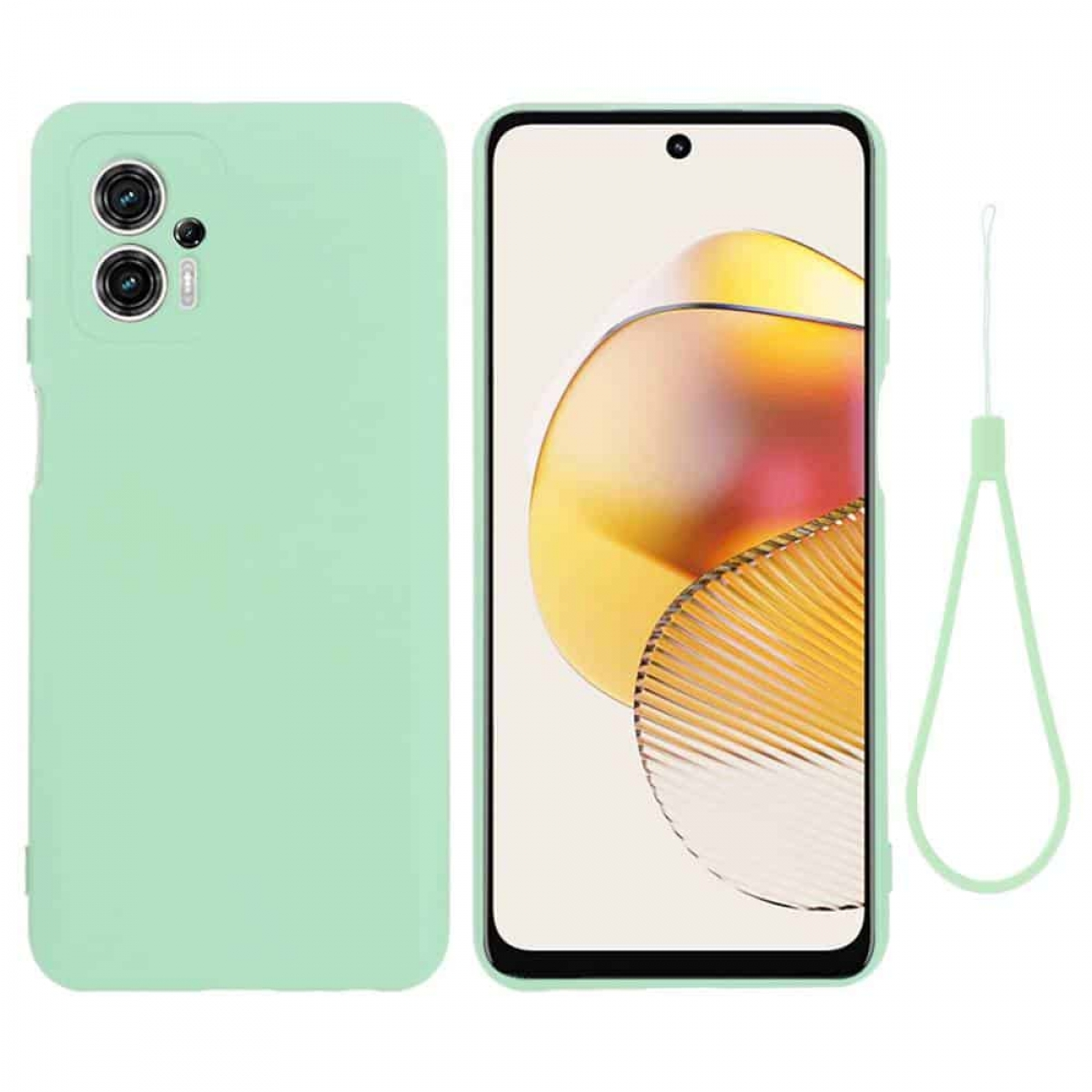 Mintgrüne Handyhülle und Handy mit hellgelbem Bildschirm. Ein mintgrüner Handgelenkriemen ist ebenfalls vorhanden.