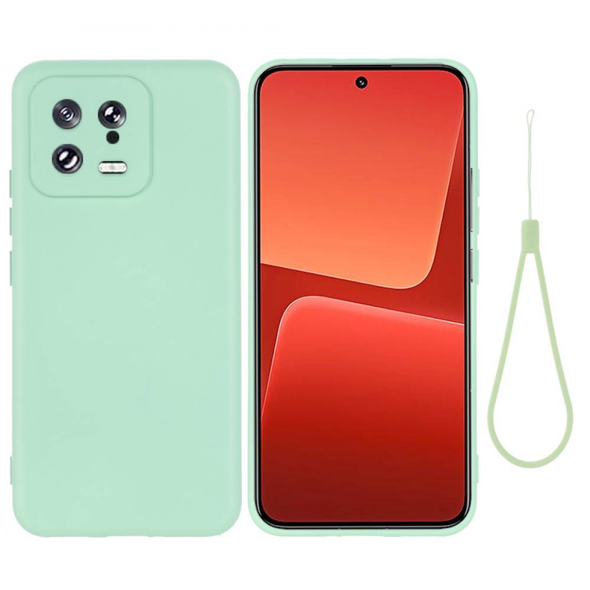 Minzgrüne Handyhülle mit Telefon und passendem Lanyard, weißer Hintergrund.
