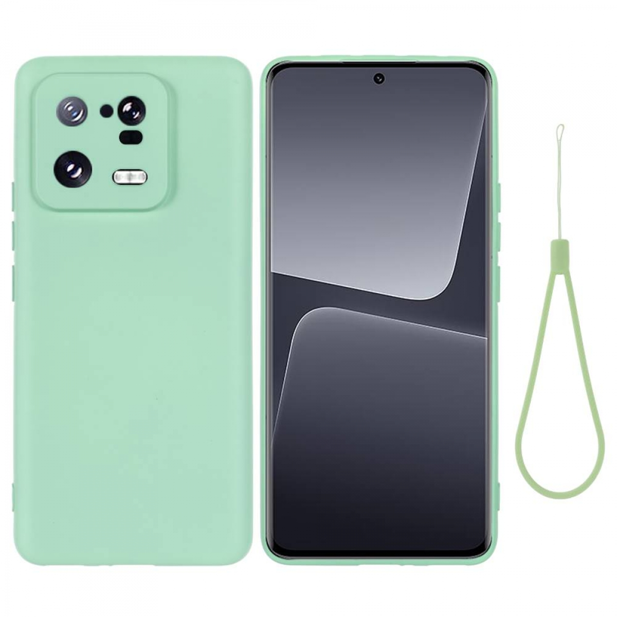Minzgrüne Handyhülle neben einem Handy mit Bildschirm. Ein mintgrüner Riemen ist angeschlossen.