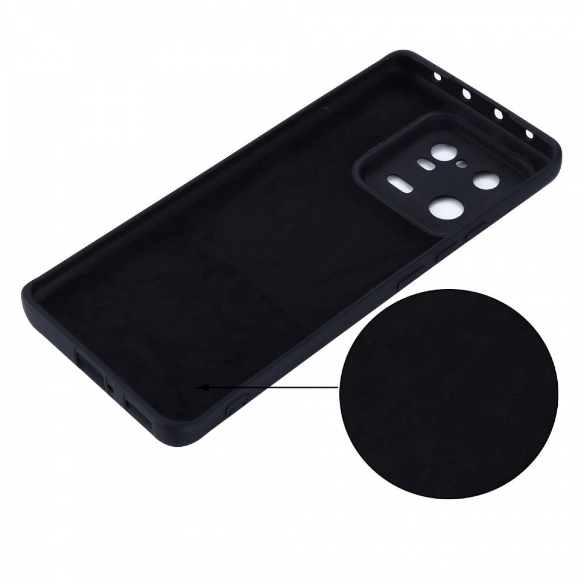 Schwarze Handyhülle, Innen- und Seitendetails zeigend. Nahaufnahme zur Textur.