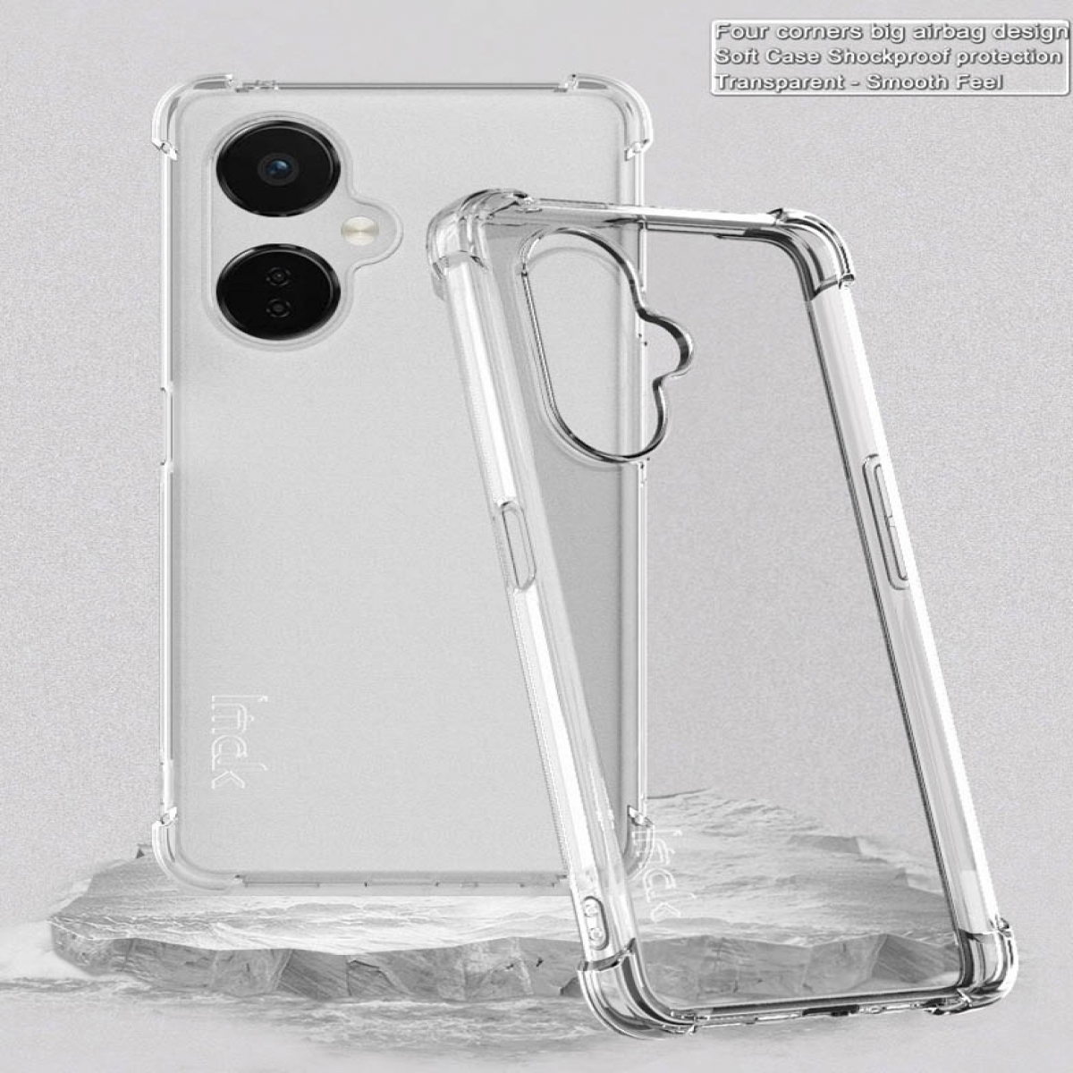 Transparente Handyhülle mit Telefon. Transparent, mit Text: Vier Ecken großes Airbag-Design.