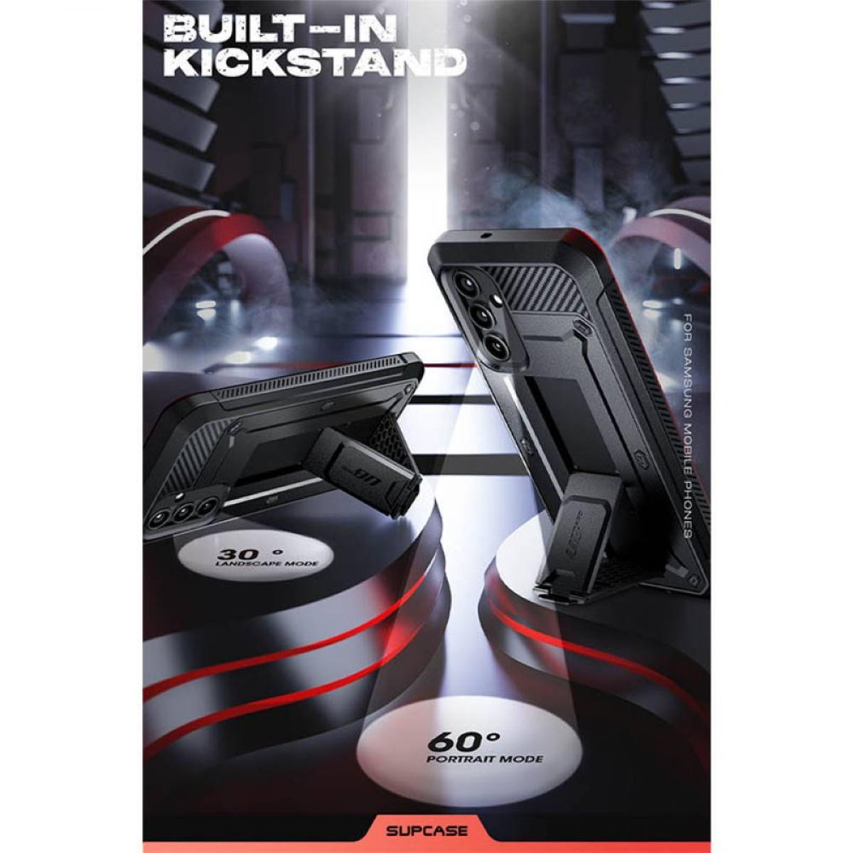 Schwarze Handyhülle mit Ständer für Samsung-Telefone. Zeigt Landschafts- und Portraitmodus-Optionen.