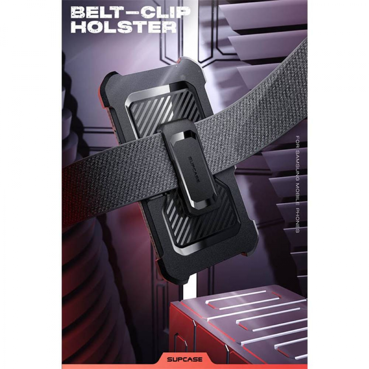 Eine schwarze Gürtelclip-Holster für ein Telefon. Die Holster ist an einem Gürtel befestigt.