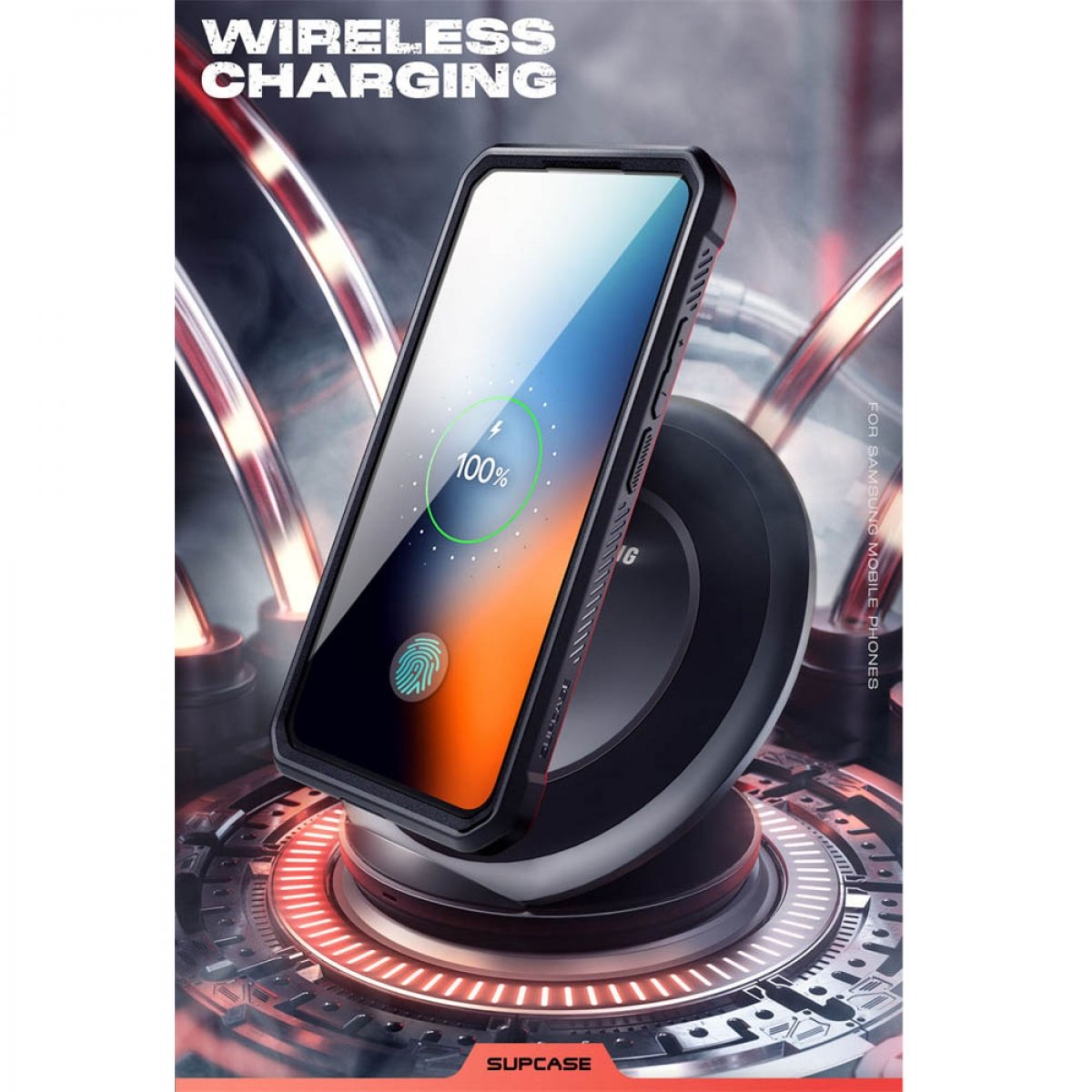 Telefon mit Hülle auf kabellosem Ladegerät, Bildschirm zeigt 100% geladen.