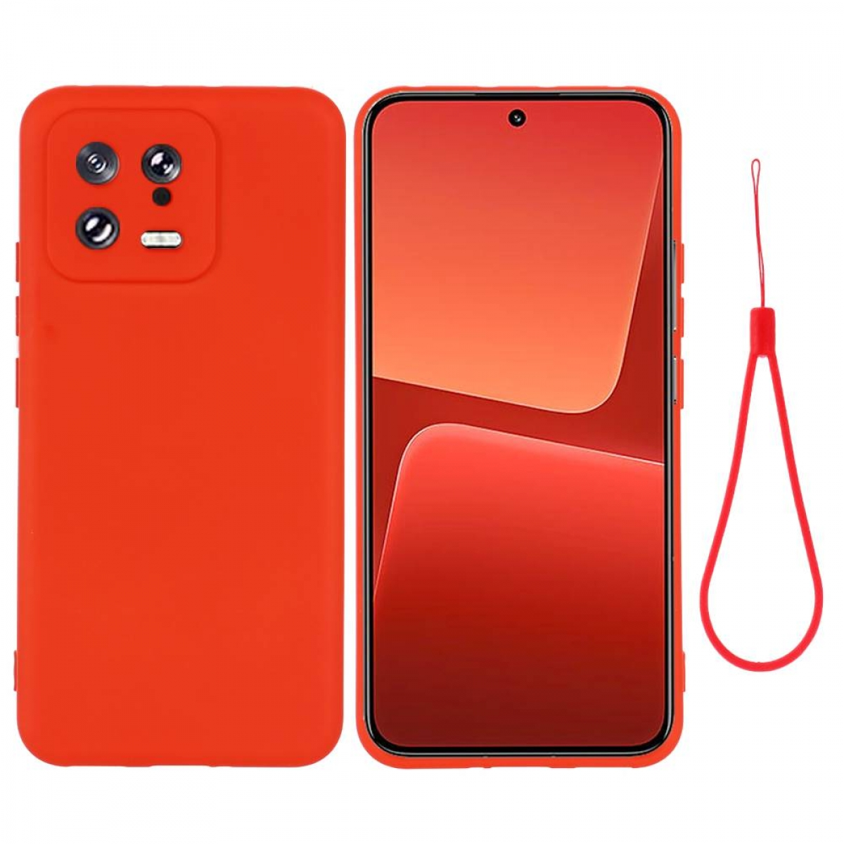 Orangene Handyhülle und ein Handy mit orangefarbenem Bildschirm. Inklusive rotem Lanyard. Weißer Hintergrund.