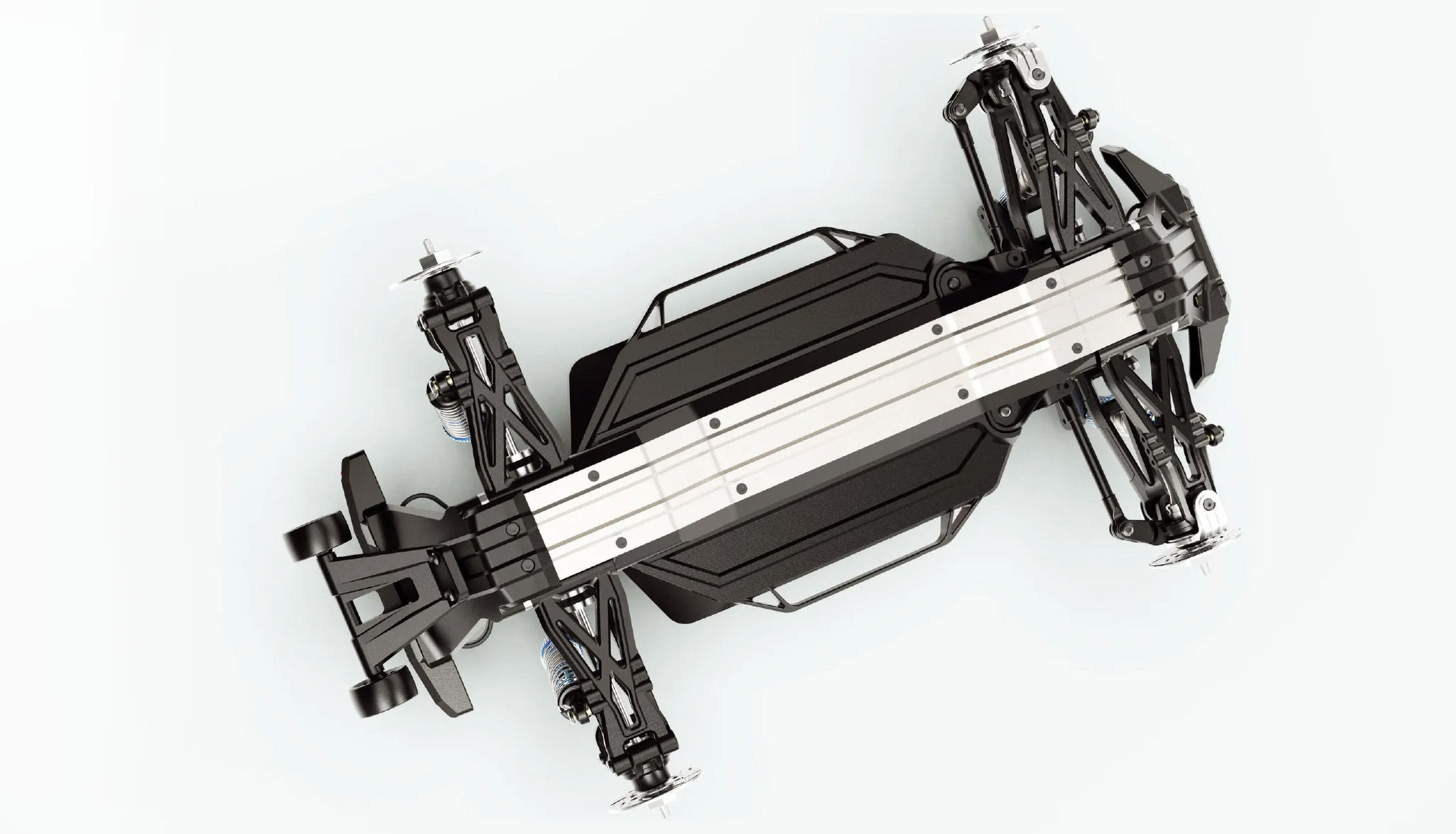 Schwarzes RC-Auto-Chassis mit mechanischen Komponenten. Das Auto wird von oben gesehen, weißer Hintergrund.