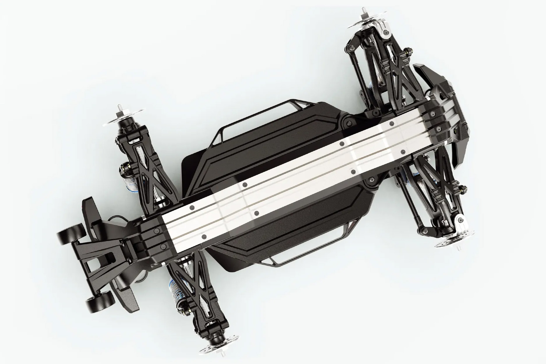Schwarzes RC-Auto-Chassis von oben, mit Rädern, Stoßdämpfern und Fahrwerkskomponenten sichtbar.