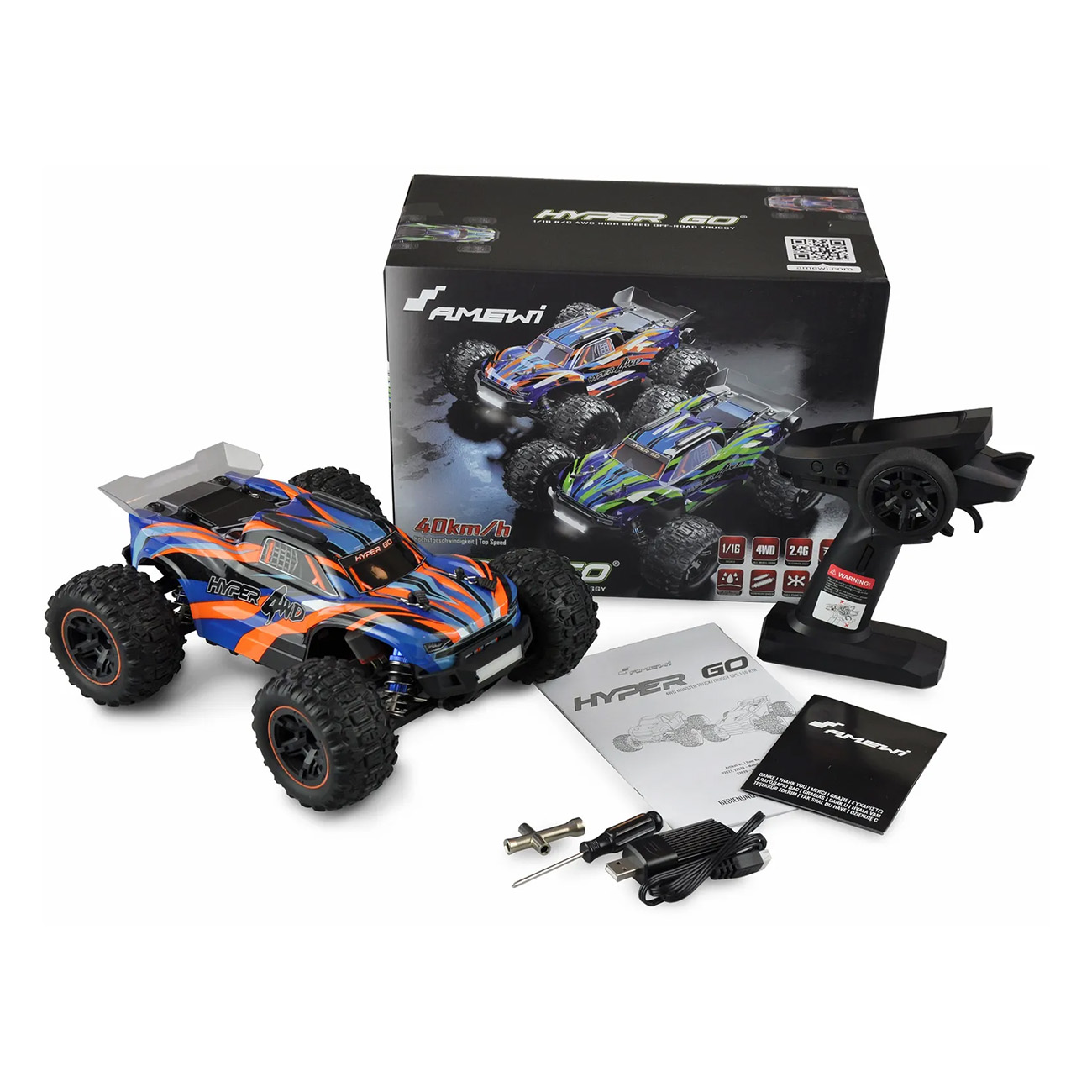 Un kit de coche con control remoto con un coche de juguete, mando, batería y caja.