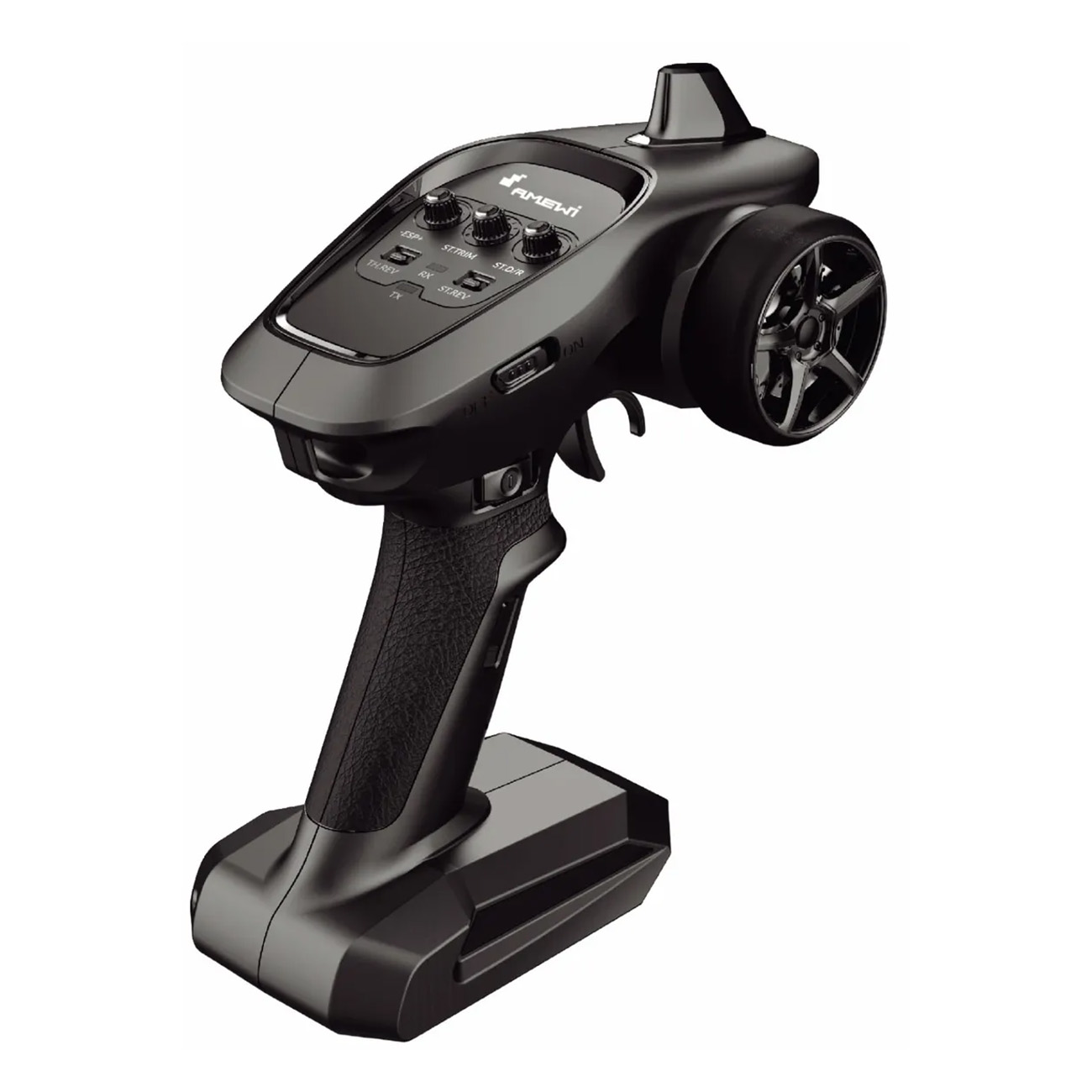 Eine schwarze Fernbedienung für ein Spielzeugauto. Es hat Knöpfe und ein Lenkrad.