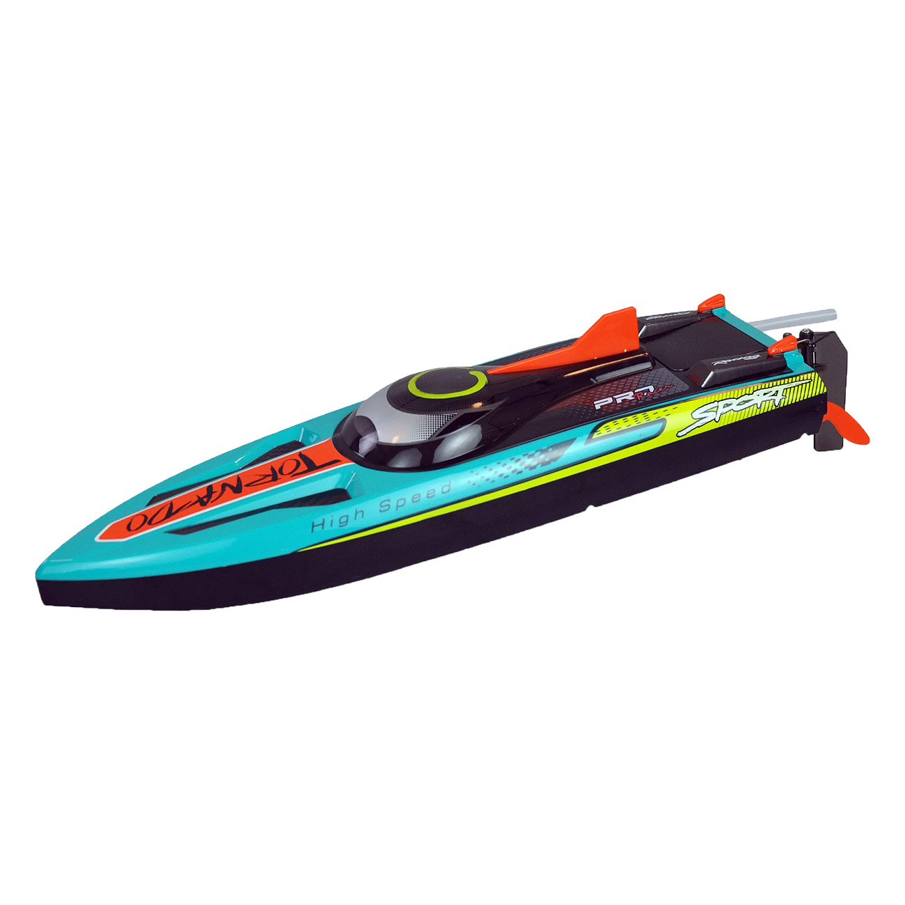 Spielzeugboot mit blauem Rumpf und orangefarbenen Details. Das Boot ist ein Rennboot mit stromlinienförmigem Design.