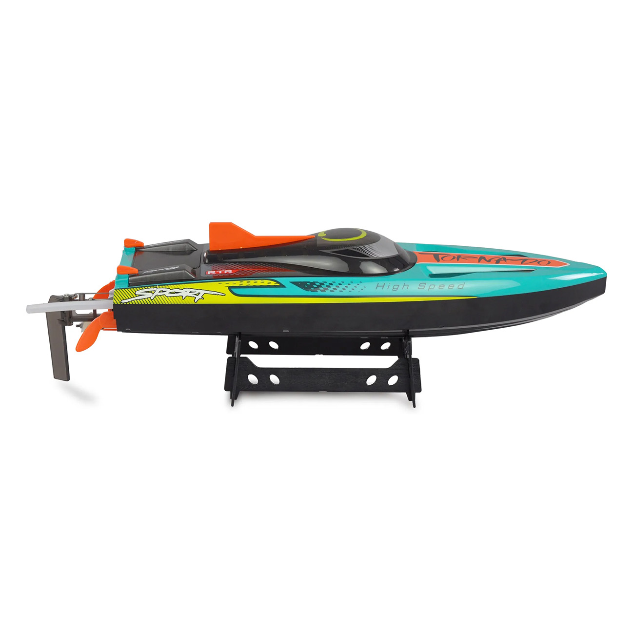 Ein Spielzeugboot auf einem Ständer, hohe Geschwindigkeit, mit farbenfrohem Design. Weißer Hintergrund.