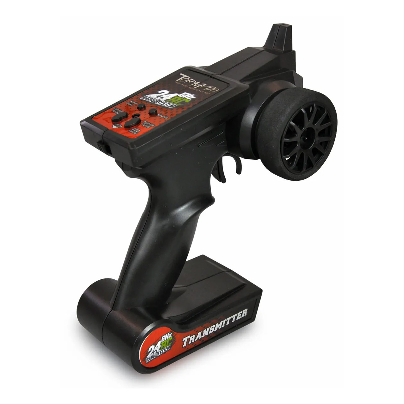 Ein schwarzer RC-Sender mit Knöpfen und einem Rad. Er hat ein