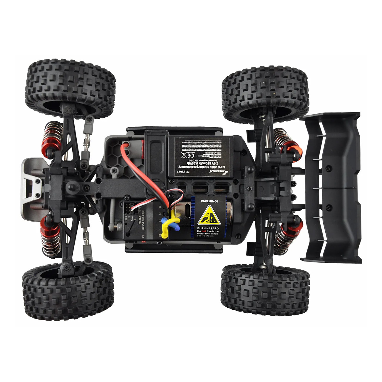 Vista superior del chasis de un coche RC negro con neumáticos negros, amortiguadores rojos y aler ón.