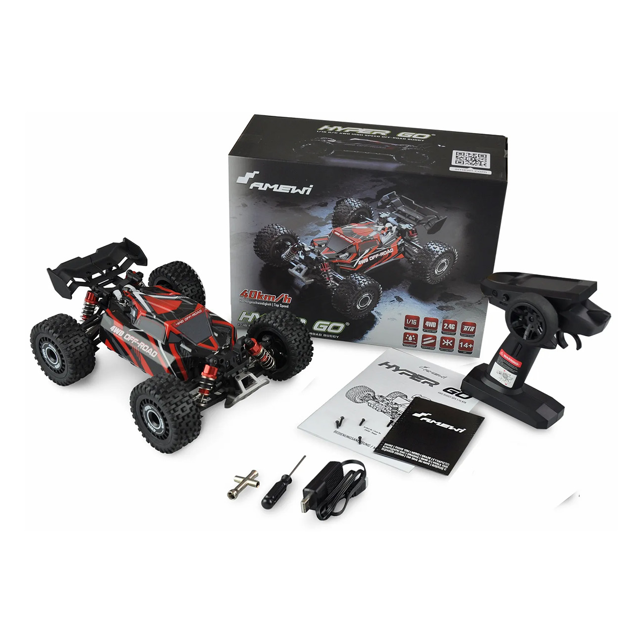 Un coche RC rojo y negro, caja, mando y accesorios sobre una superficie blanca.