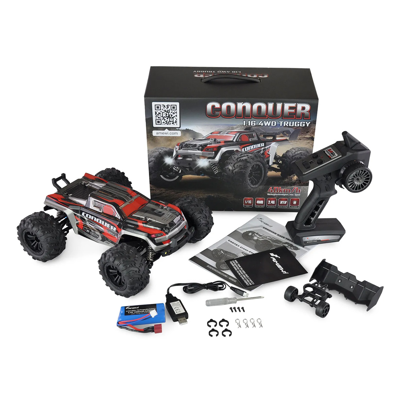 Ein Offroad-Truck-Spielzeug mit Zubehör, Box und Fernbedienung.