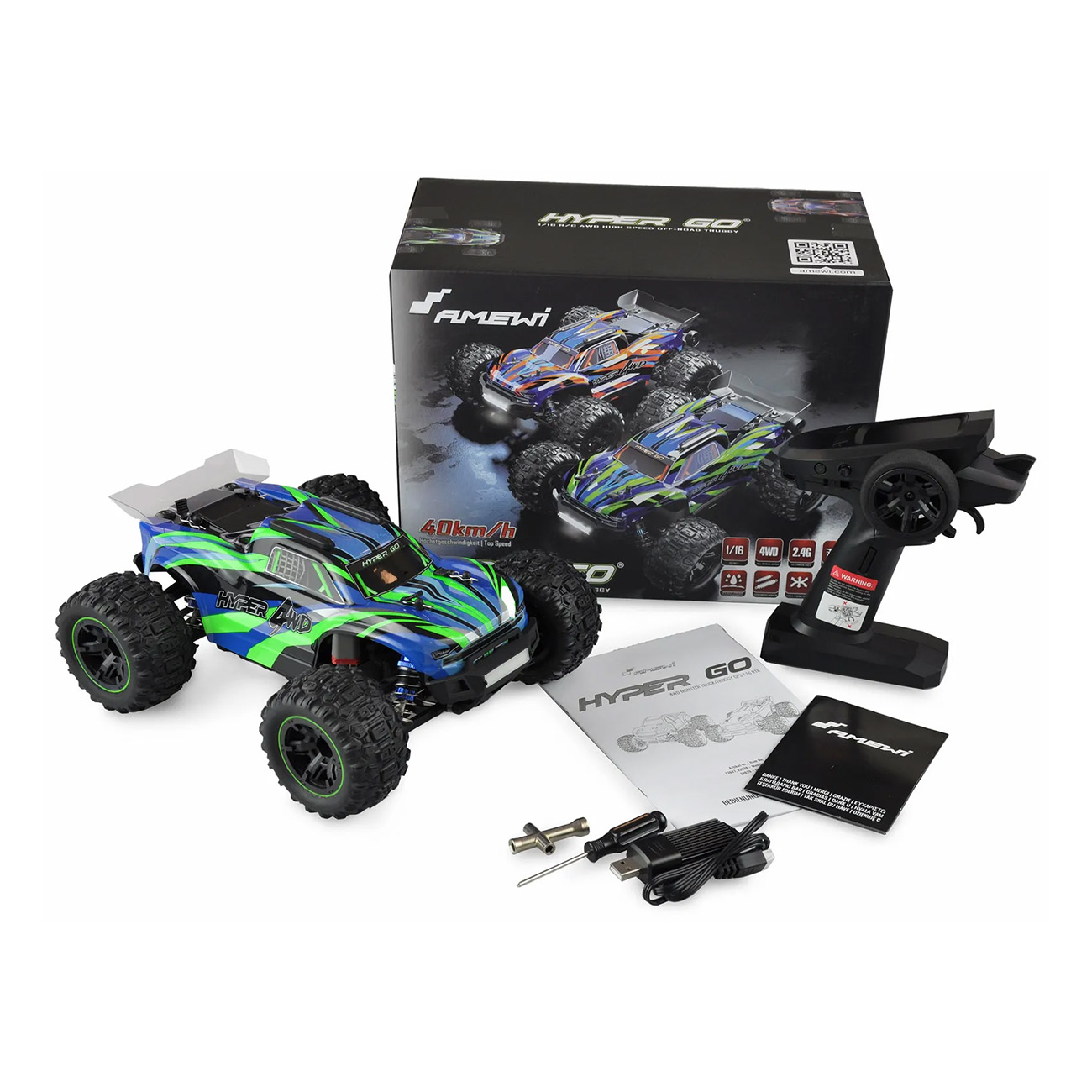 Juego de coche RC con coche, mando a distancia, caja y accesorios. El coche es azul y verde.