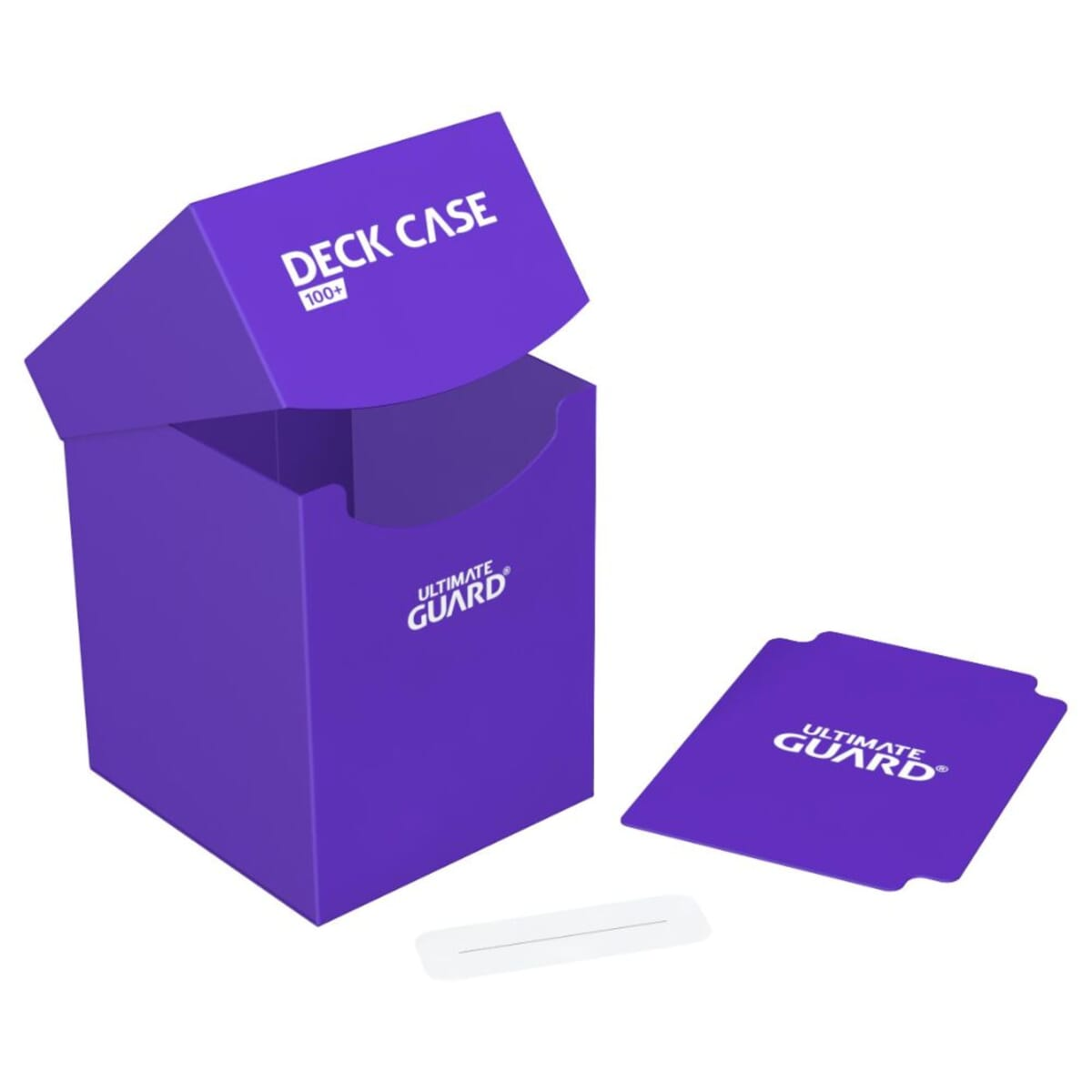 Un astuccio viola per mazzi con la scritta "DECK CASE 100+" e il logo "ULTIMATE GUARD".