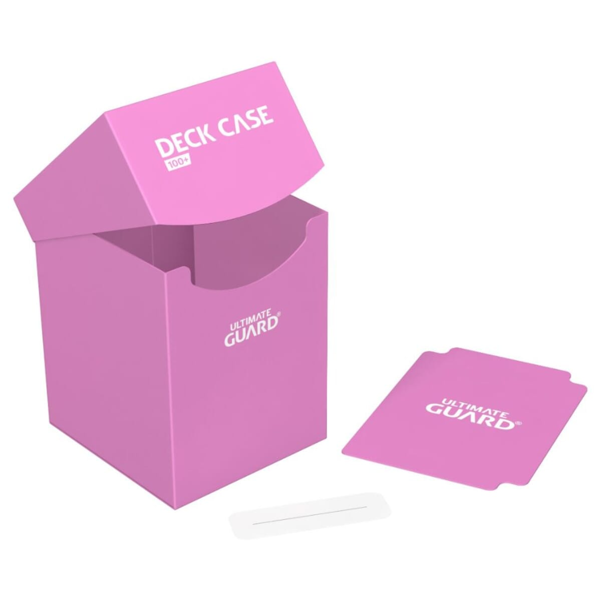 Custodia rosa per mazzo con coperchio aperto e una carta, entrambi con logo 'ULTIMATE GUARD'.