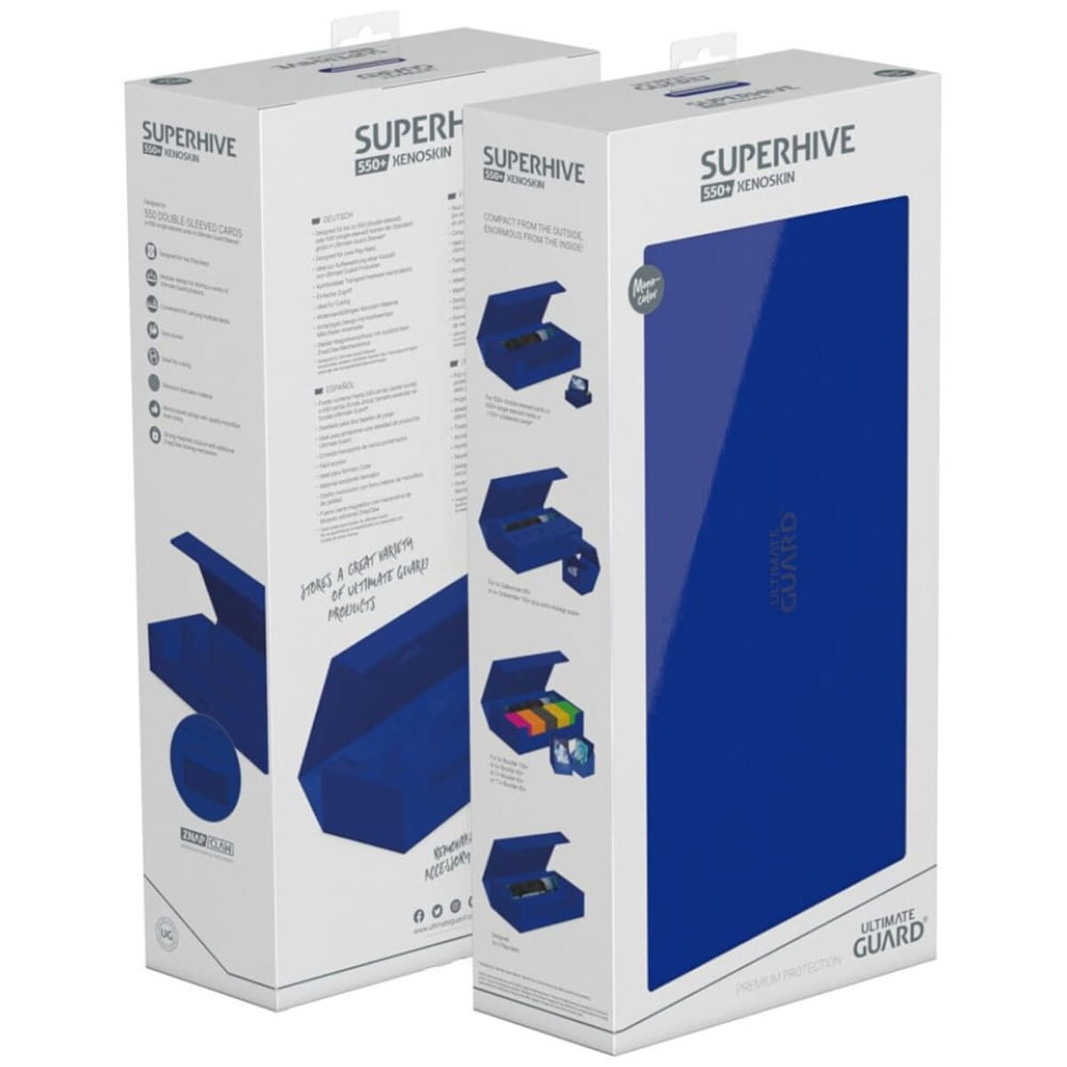 Deux boîtes de protège-cartes Superhive, bleues et blanches. Texte et images sur les boîtes.