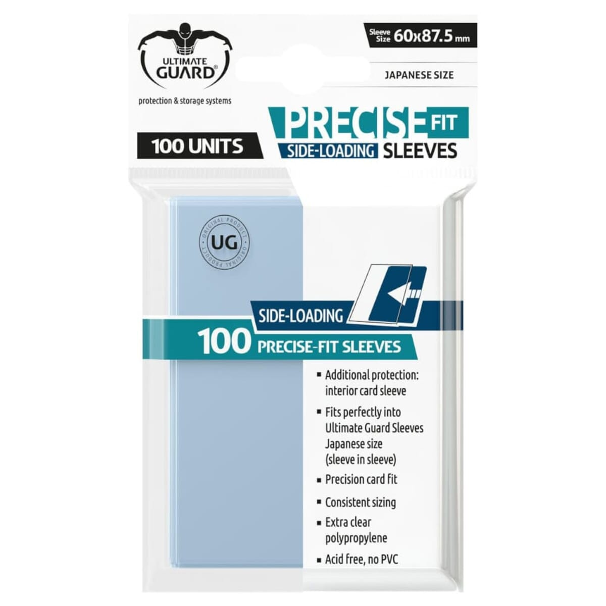 Klare Plastikkartenhüllen in einer Packung. Die Packung ist blau und weiß und trägt die Aufschrift 'Precise Fit' und '100 Units'.
