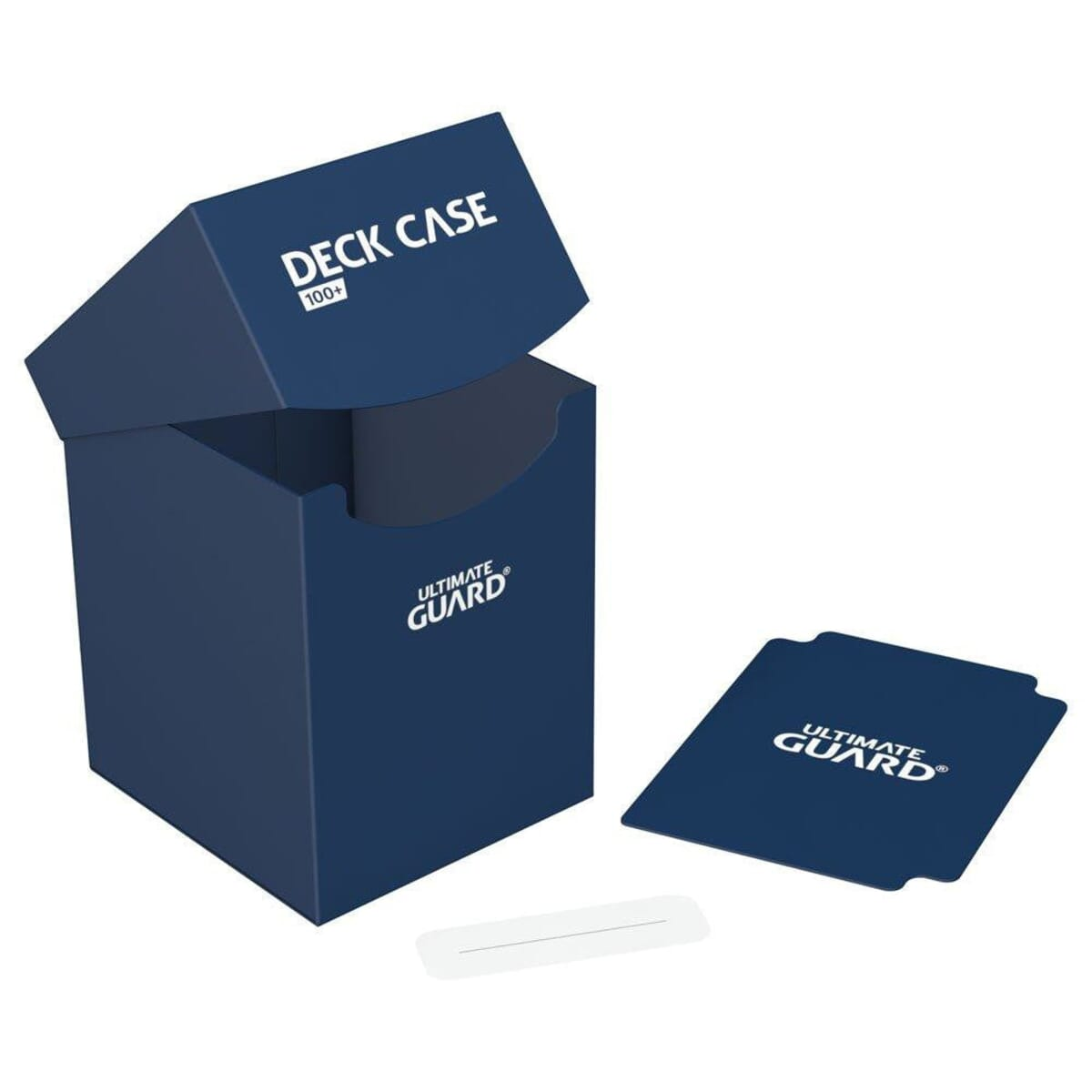 Boîte de jeu bleu foncé pour cartes, ouverte, avec couvercle et porte-cartes. Étiquette blanche à l'intérieur.