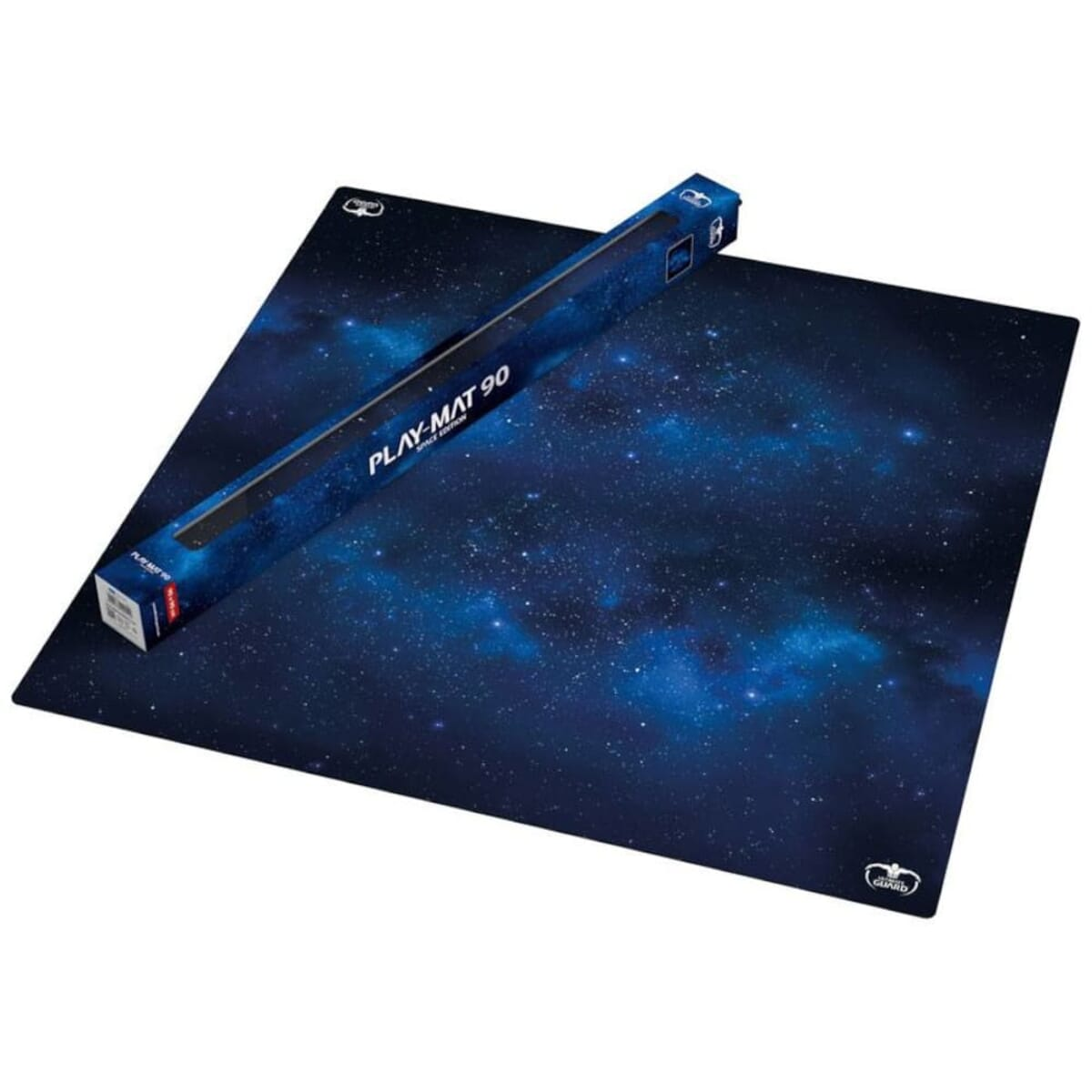 Play-Mat 90. Un tappetino blu scuro con un design spaziale e una scatola con lo stesso design.