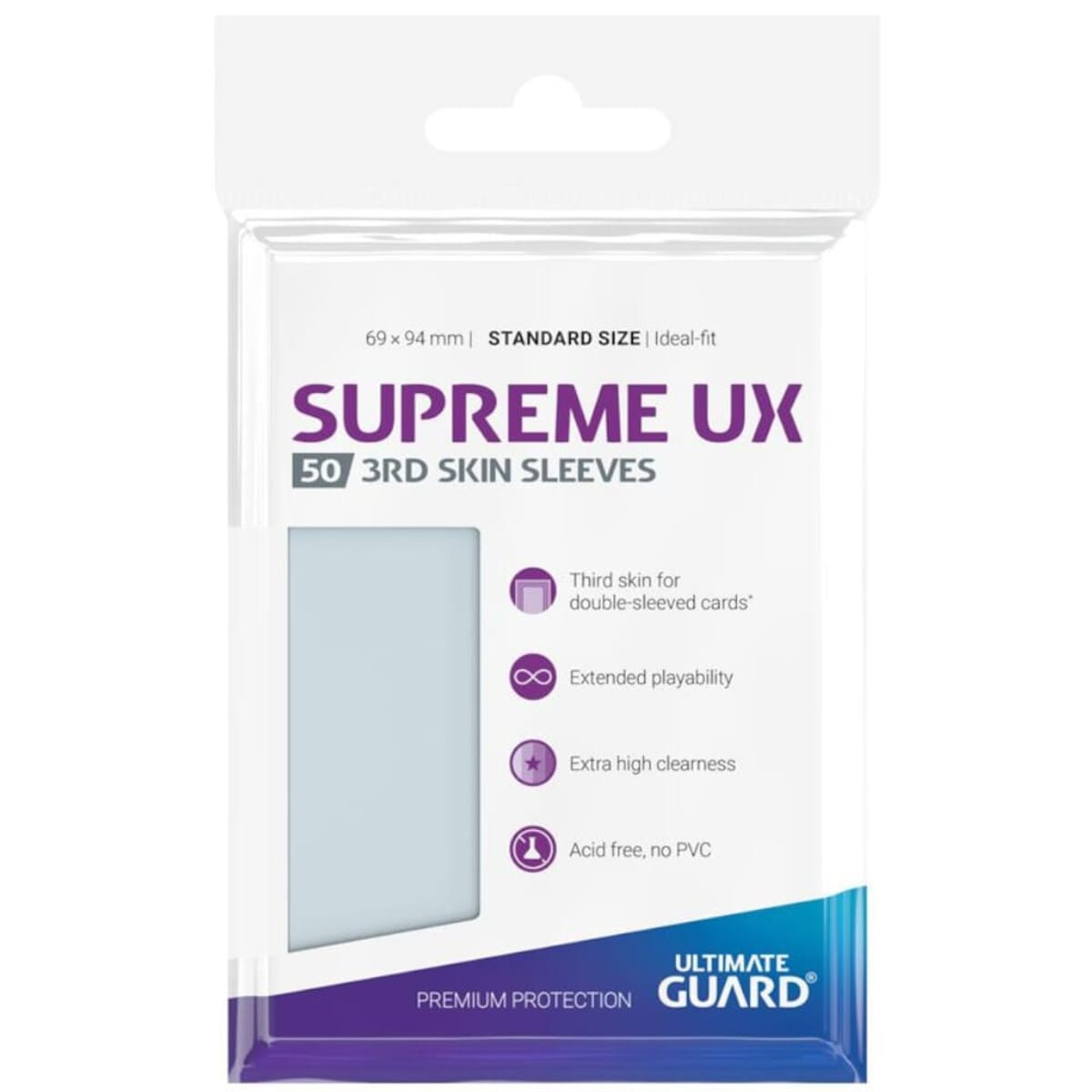 Eine Packung Kartenhüllen mit dem Text 'Supreme UX 50 3rd skin sleeves'.