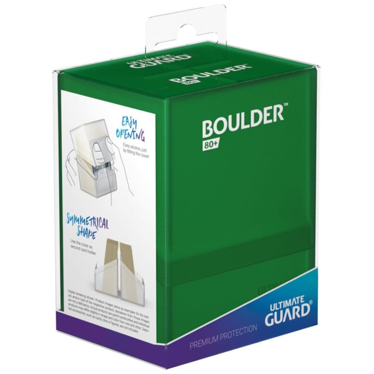 Scatola verde per la conservazione delle carte con la parola 'BOULDER' e un diagramma che mostra come aprirla.
