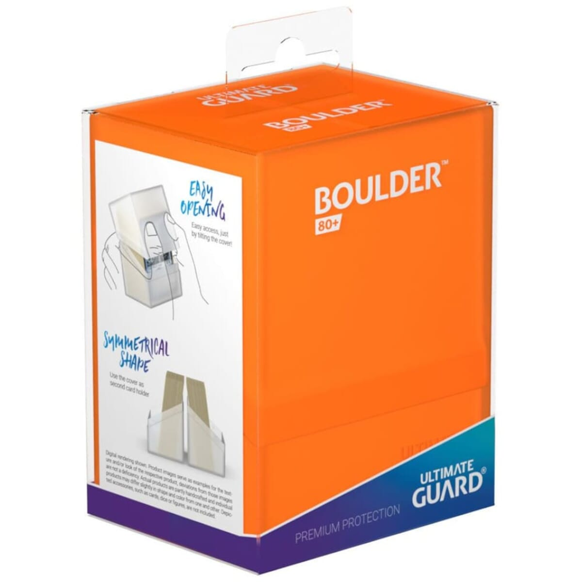 Una scatola arancione con testo bianco e un porta carte in plastica trasparente.