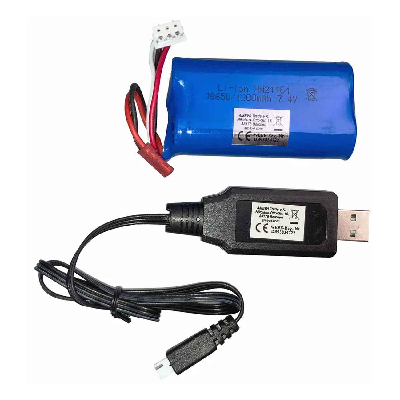 Batería de iones de litio azul con cables junto a un cable de carga USB negro sobre fondo blanco.