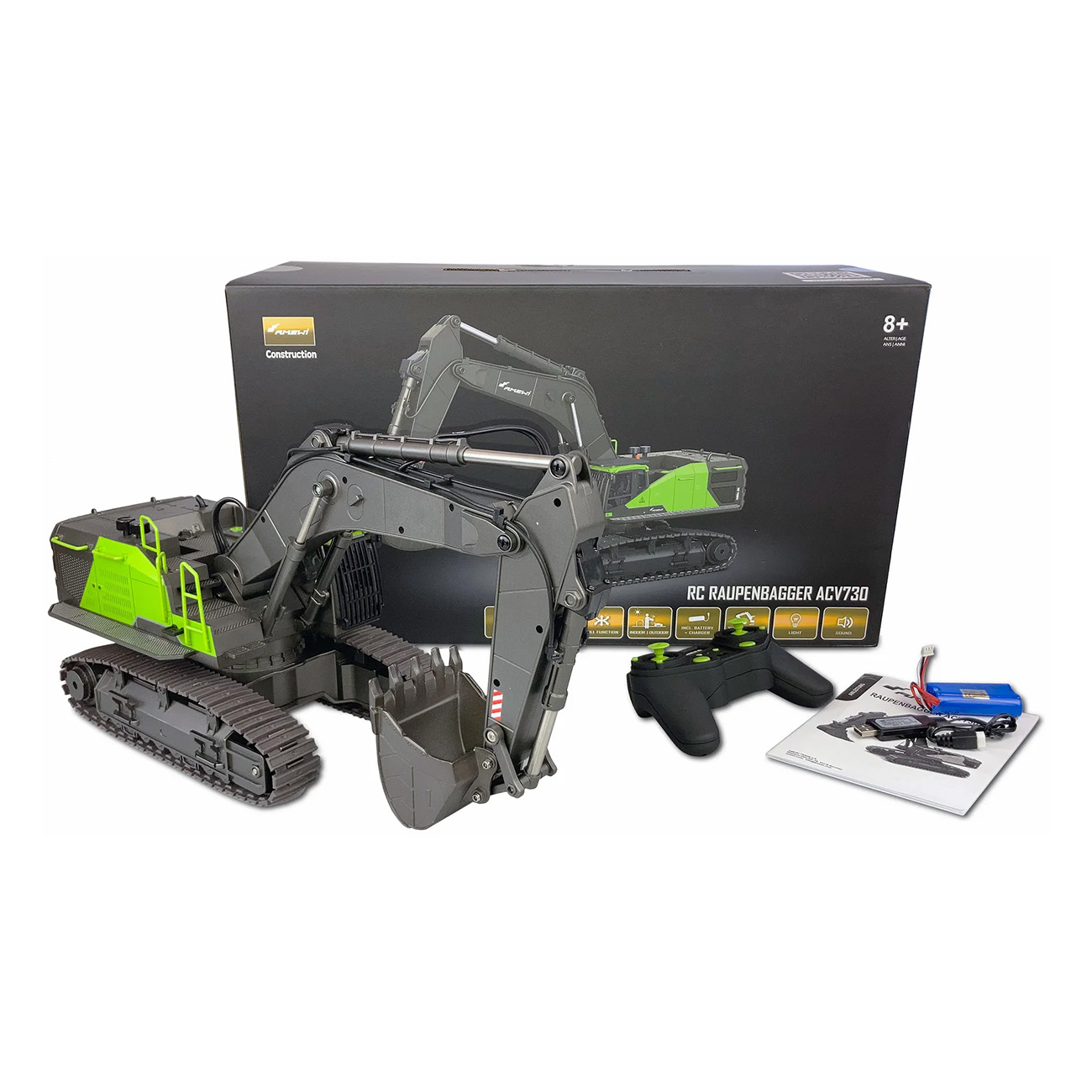 Excavadora de orugas RC gris y verde con control remoto, batería y caja.