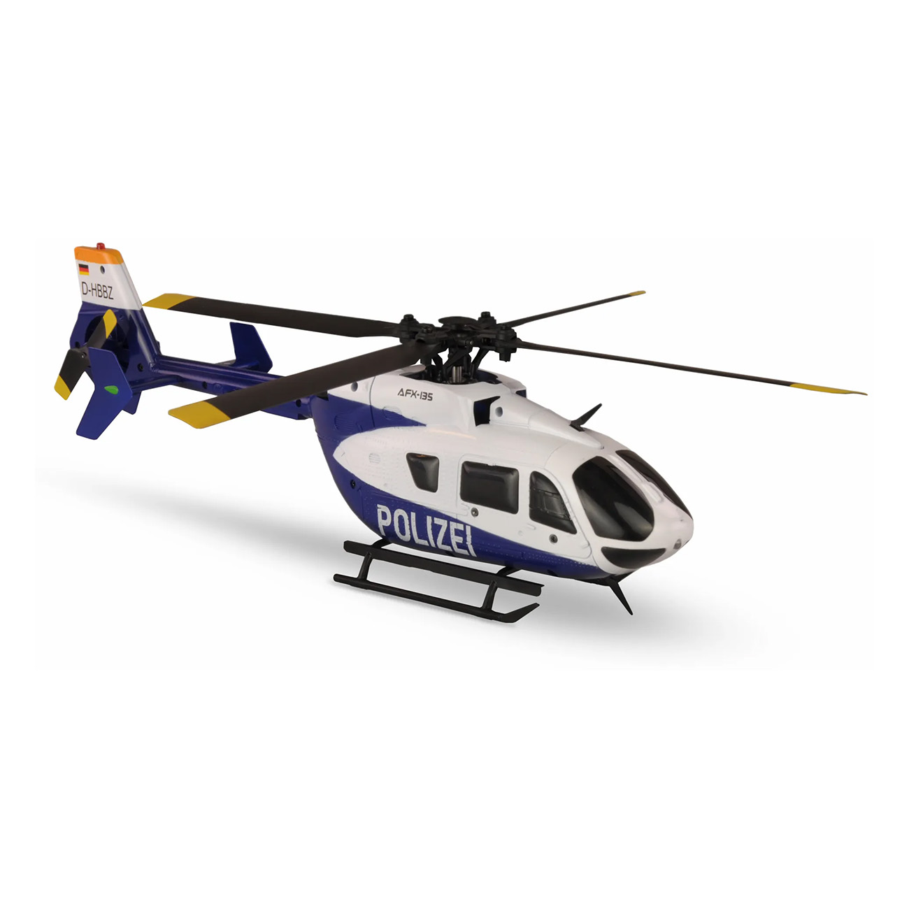 Un modelo de helicóptero de la policía blanco y azul sobre fondo blanco.