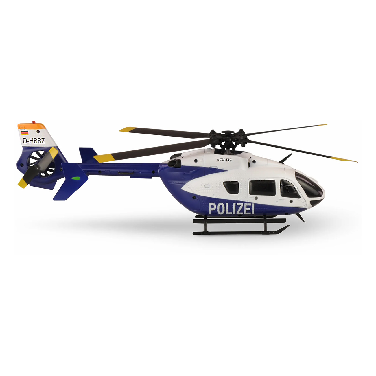 Modelo de helicóptero de la policía, blanco y azul, con rotor negro. Aislado en blanco.