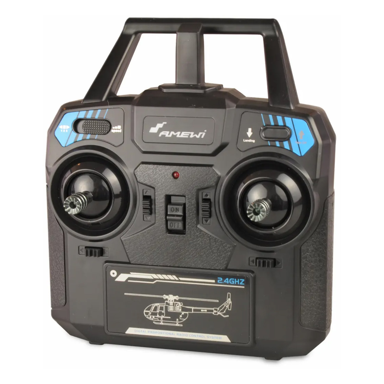 Un mando a distancia negro con un asa negra. El mando tiene botones y dos joysticks.