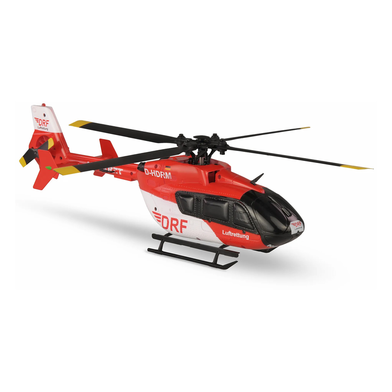 Un modelo de helicóptero de rescate DRF rojo y blanco sobre fondo blanco.