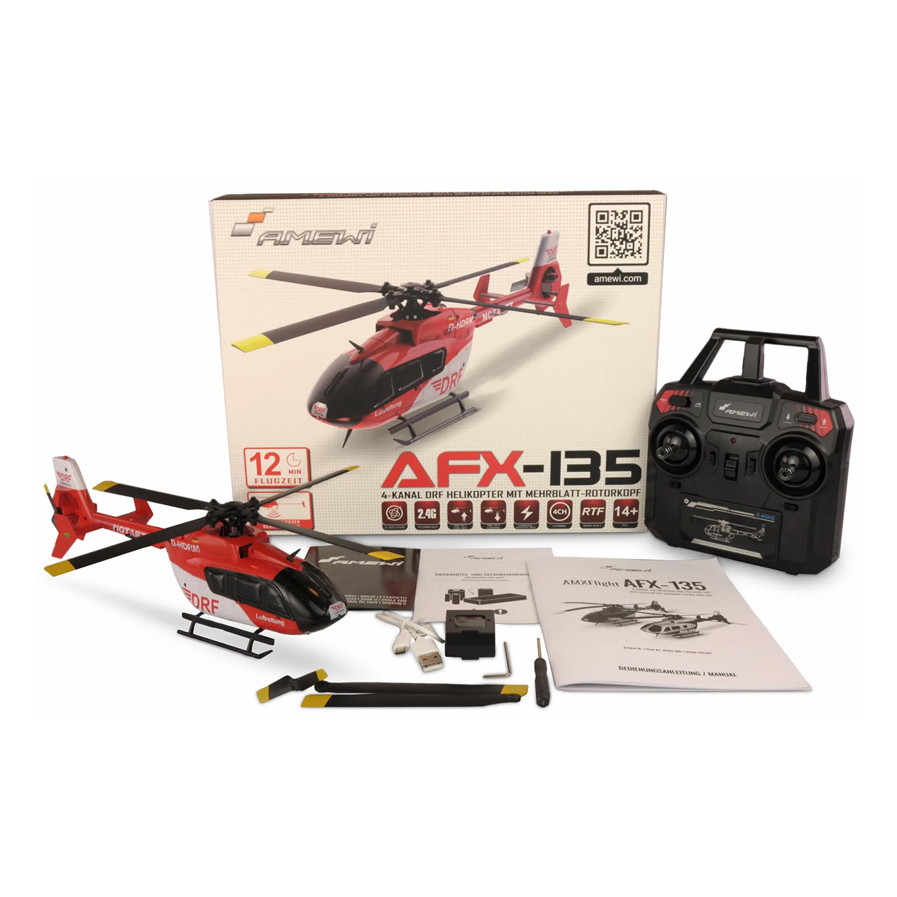 Un helicóptero RC rojo AFX-135 con su caja, control remoto, piezas de repuesto y manual sobre fondo blanco.