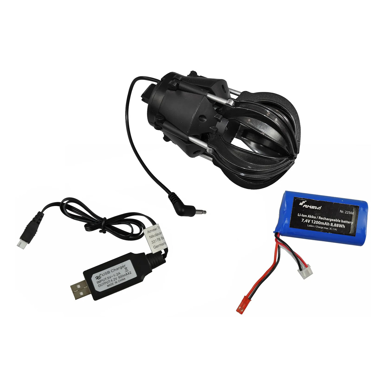Schwarze Roboter-Klaue, USB-Ladegerät und blaue Batterie mit roten und weißen Drähten.