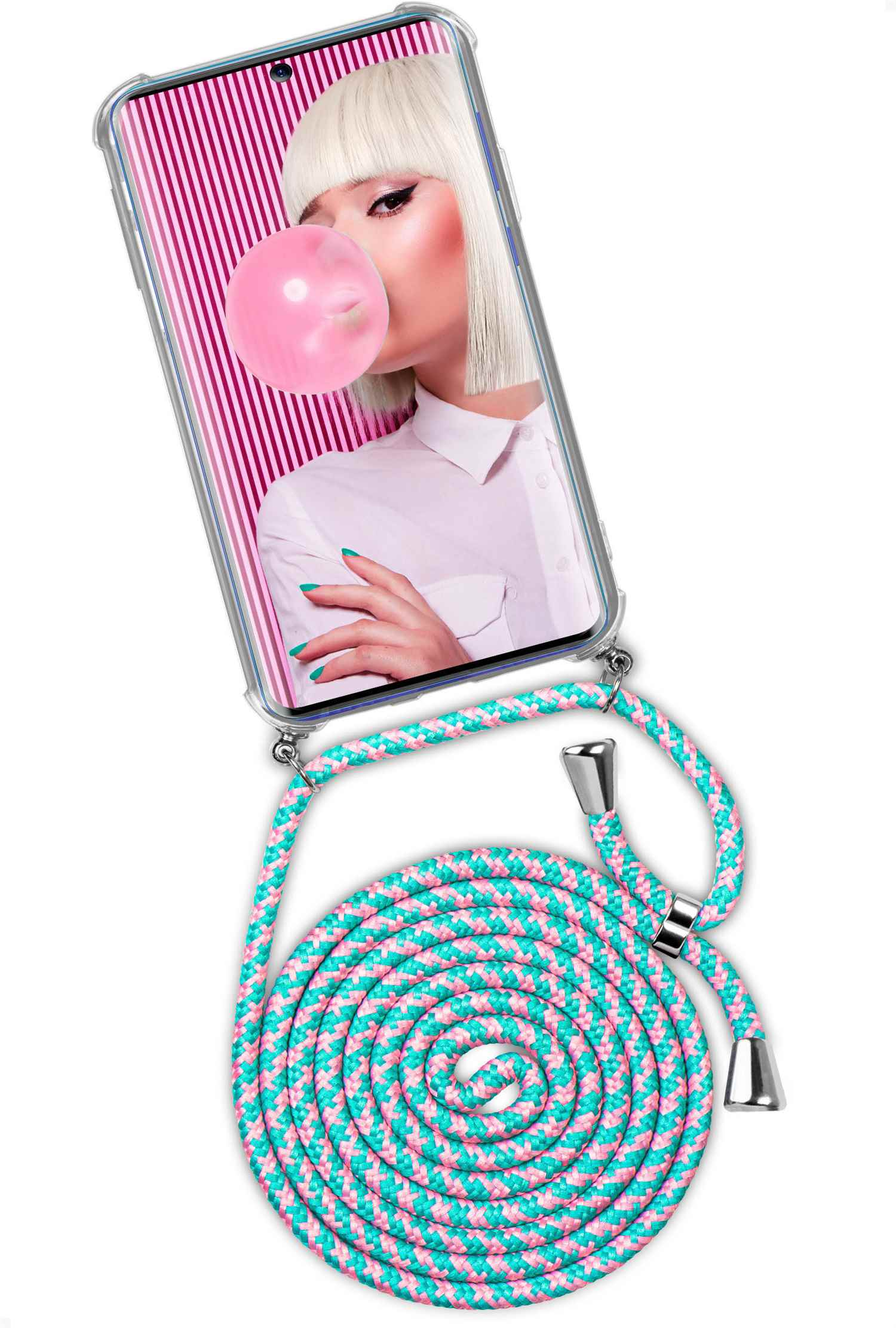 Ein Telefon mit Hülle und Schlüsselband. Das Telefon zeigt eine Frau, die einen Kaugummi bläst.