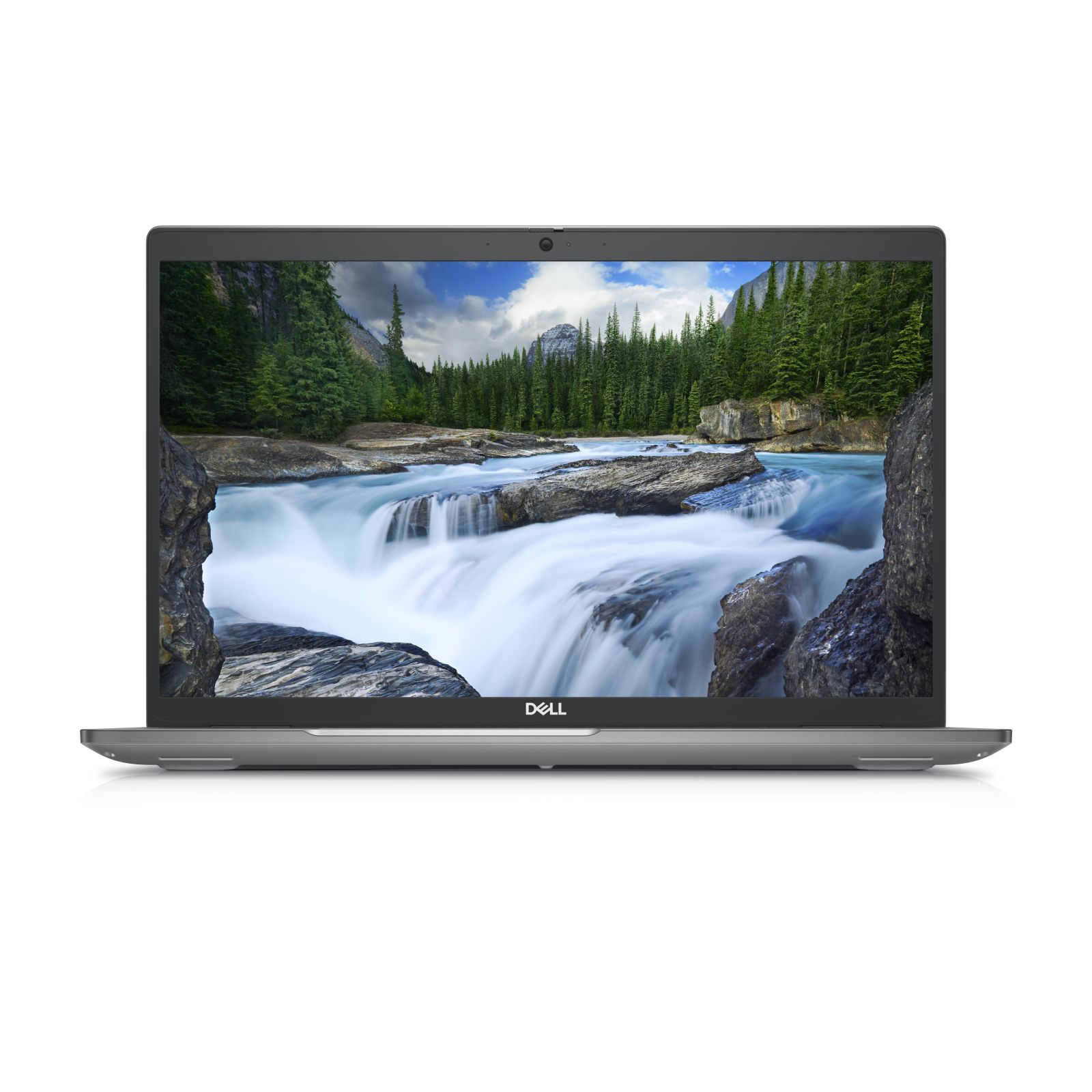 Un laptop Dell mostra una scena di cascata, con corpo grigio e logo Dell.