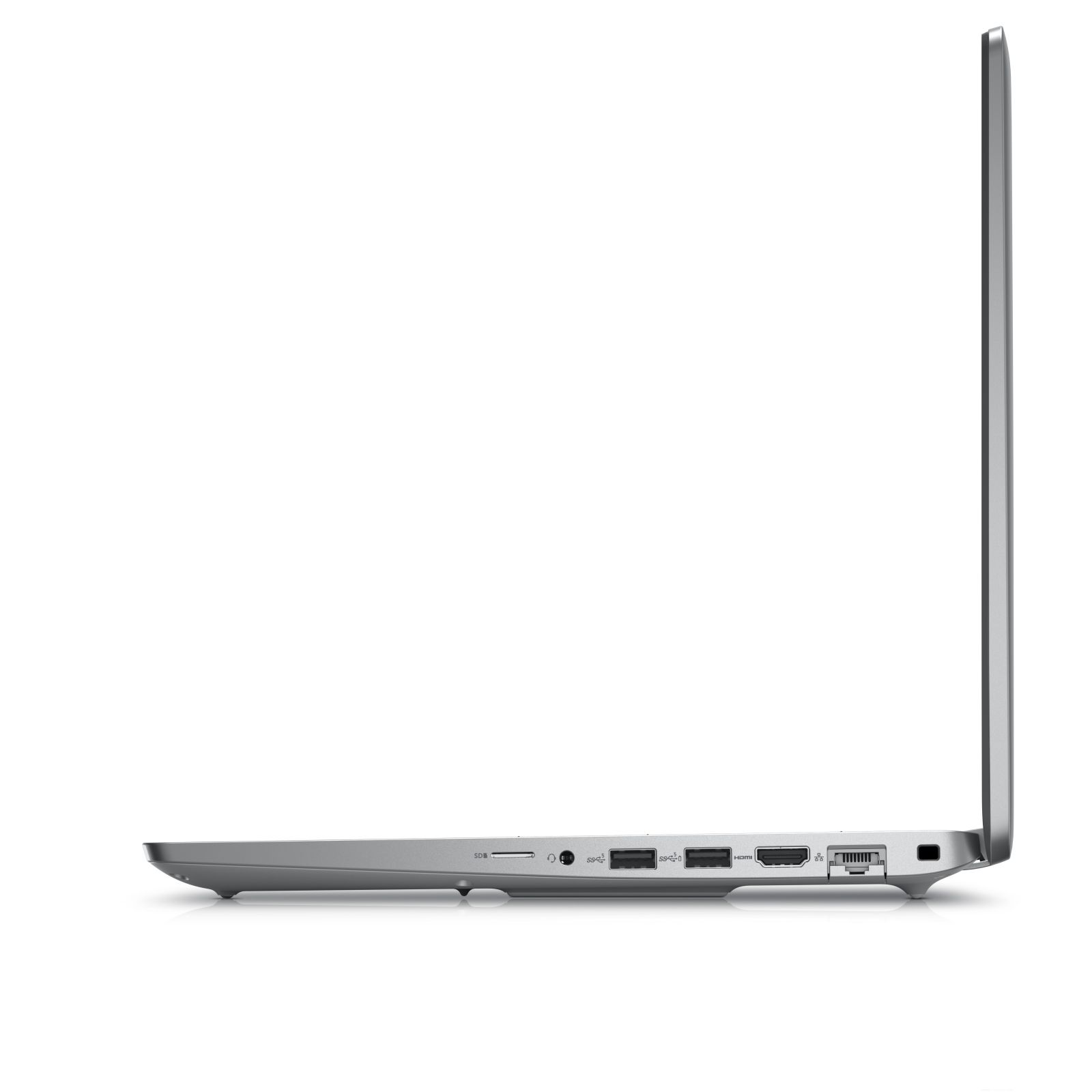 Vista laterale di un laptop con varie porte, appoggiato su una superficie bianca.