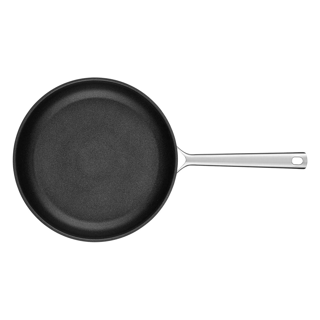 Eine schwarze Bratpfanne mit silbernem Griff, von oben betrachtet.