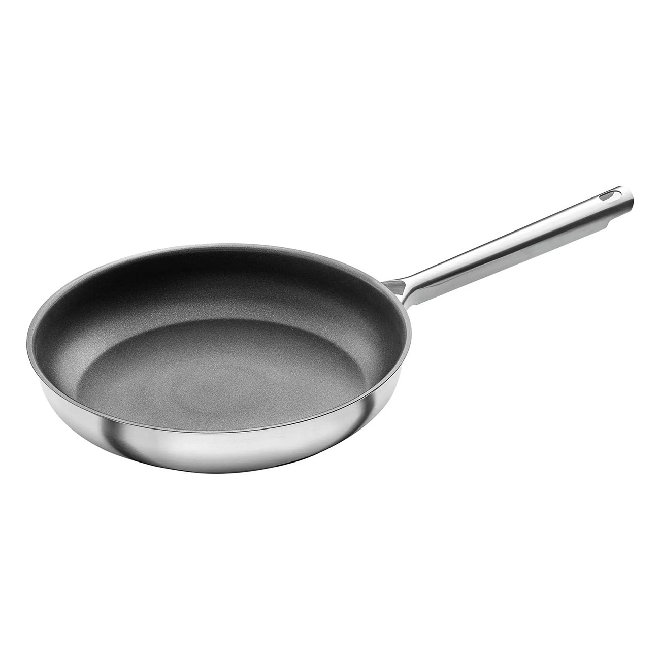 Bratpfanne aus Edelstahl. Der Innenraum ist dunkelgrau. Es hat einen langen Griff.