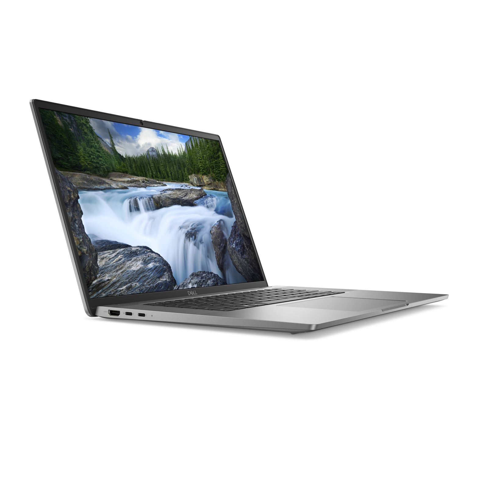 Silberner Laptop mit Wasserfallszene auf dem Bildschirm, leicht geneigt.