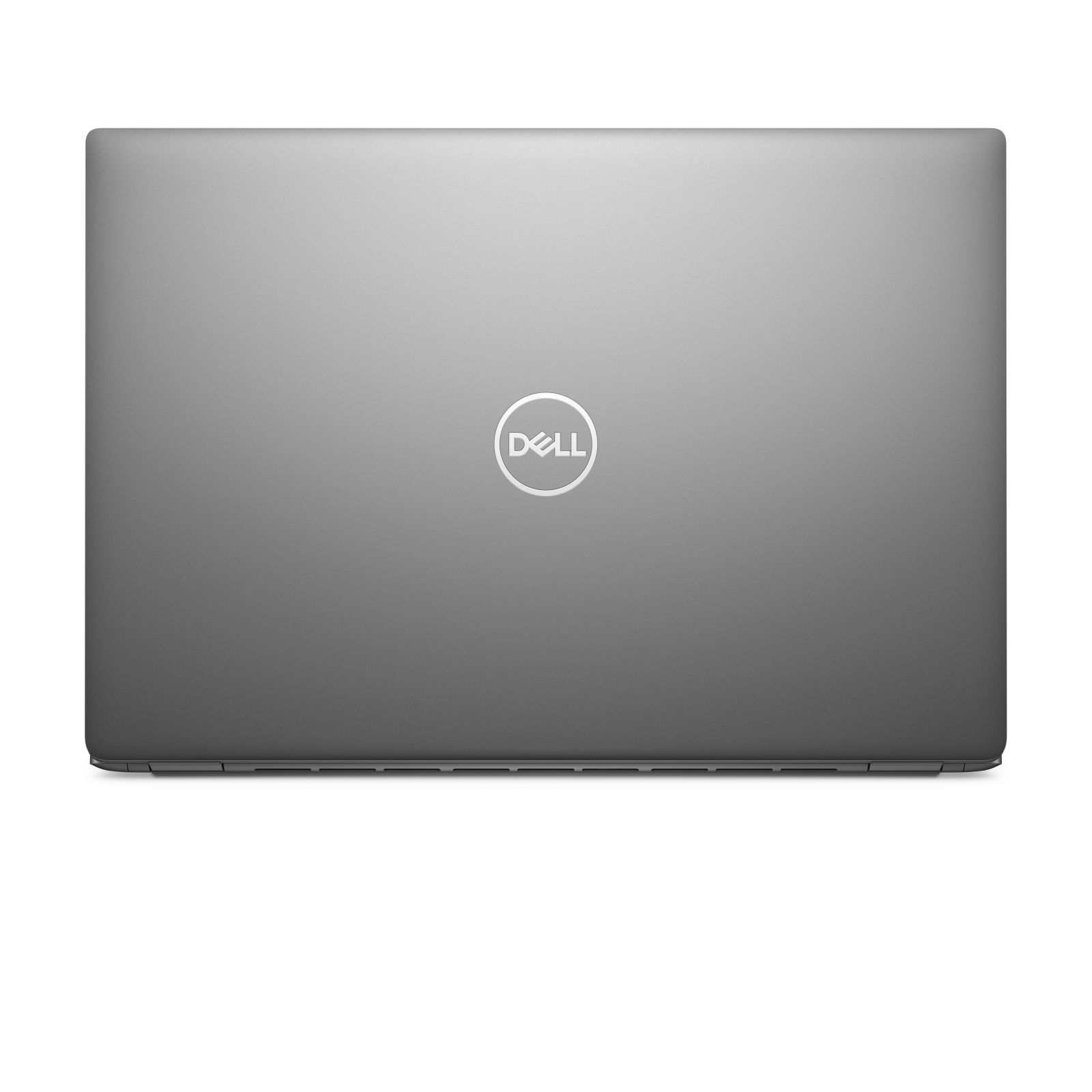 Ein Laptop mit grauem Deckel und Dell-Logo. Weißer Hintergrund.