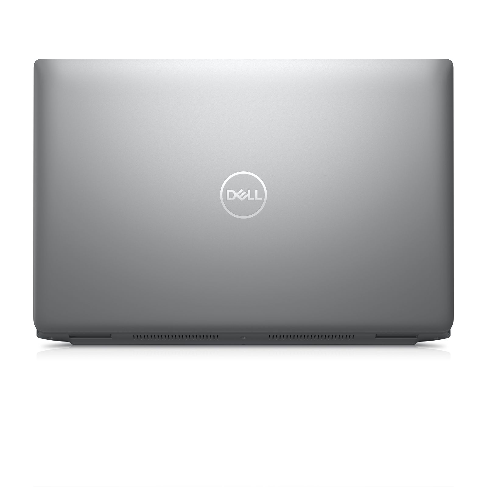 Un laptop Dell argentato dalla parte posteriore, che mostra la cover posteriore con il logo Dell.
