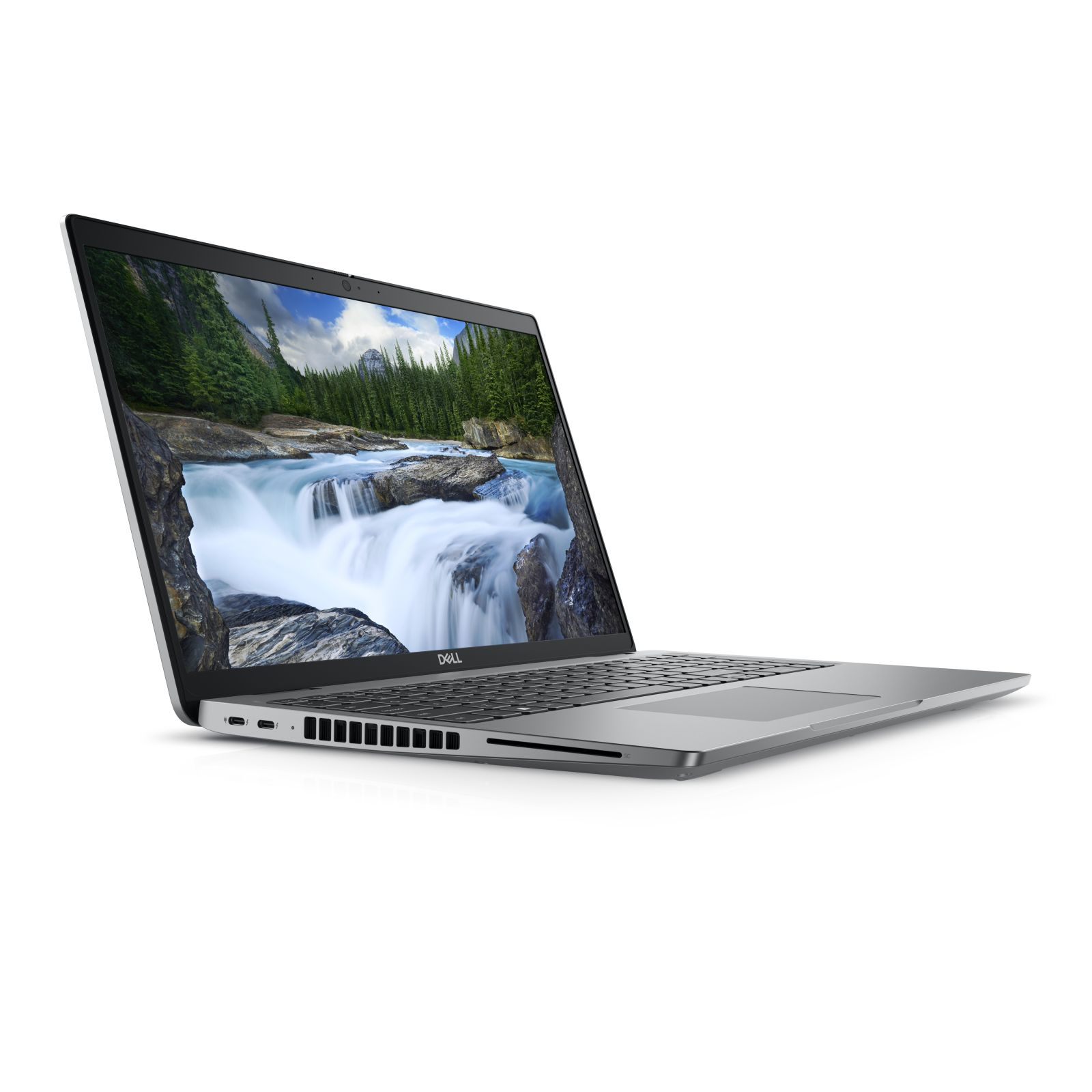 Un laptop argentato con uno schermo che mostra una scena di cascata. È leggermente aperto su uno sfondo bianco.