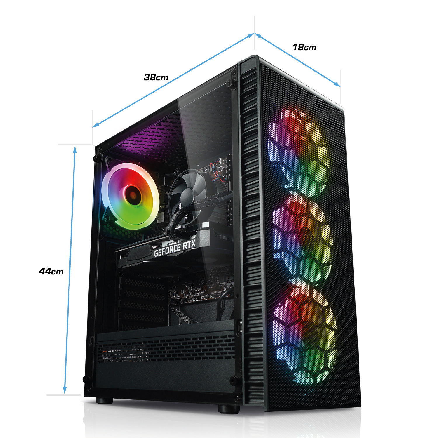 Schwarzes Computergehäuse mit RGB-Lüftern, offen zur Darstellung der Komponenten. Abmessungen sind markiert.