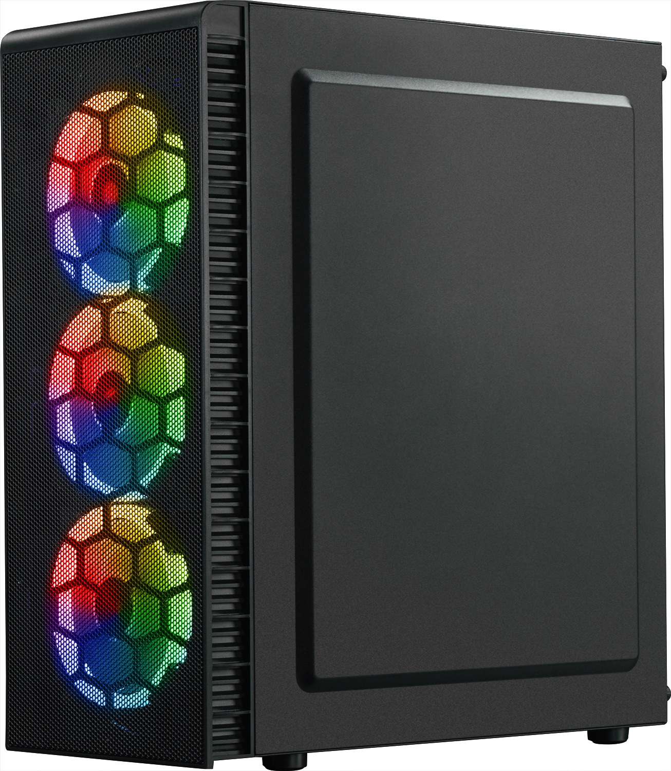 Schwarzes Computergehäuse mit drei beleuchteten, mehrfarbigen Lüftern vorne.
